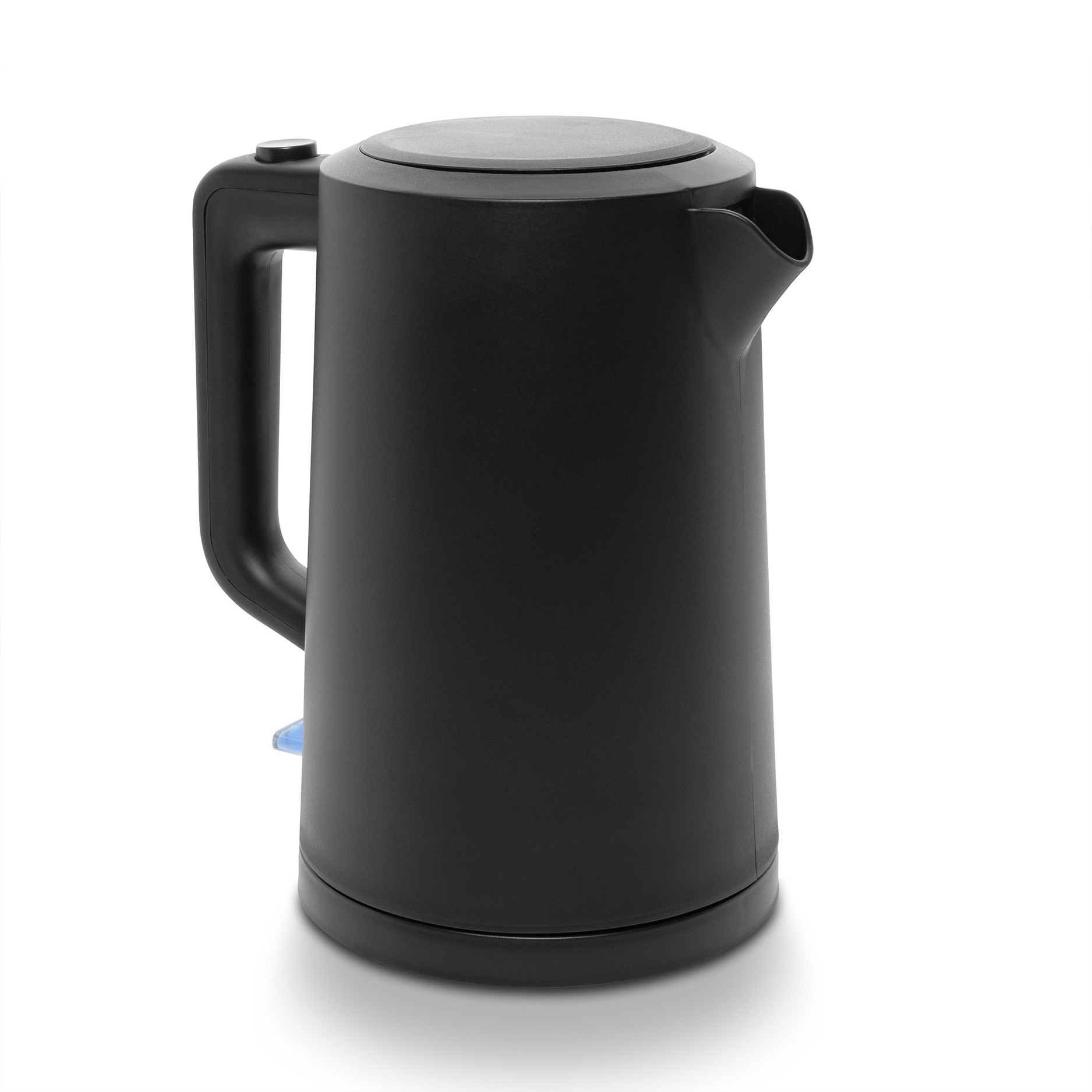 Black electric kettle. It has a handle, a lid, and a blue power indicator.