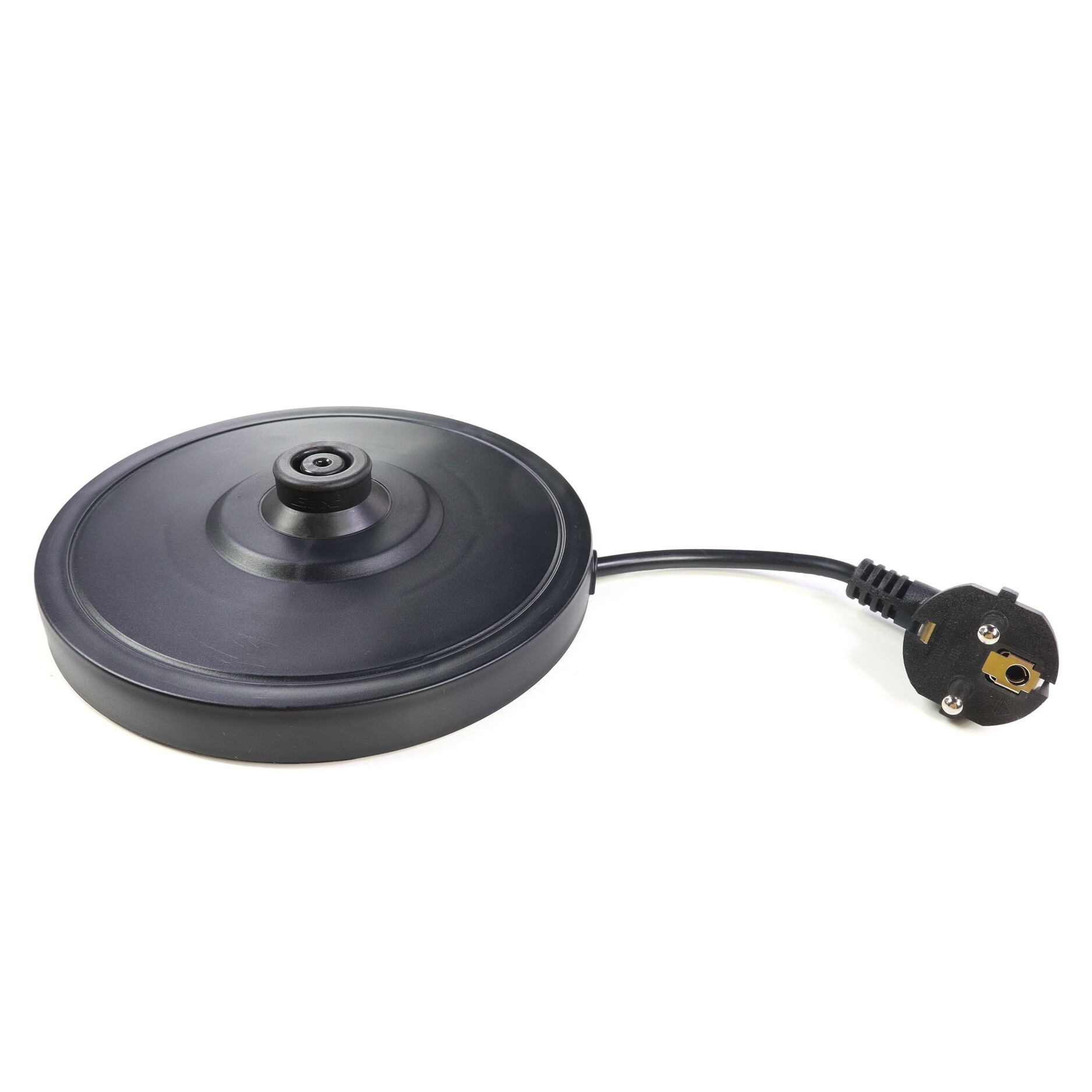 Black electric kettle base with a power cord and plug on a white surface.