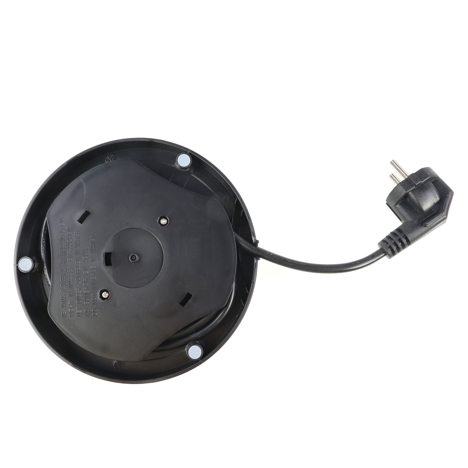 Black base of an electric kettle with a plug and power cord coming out of it.