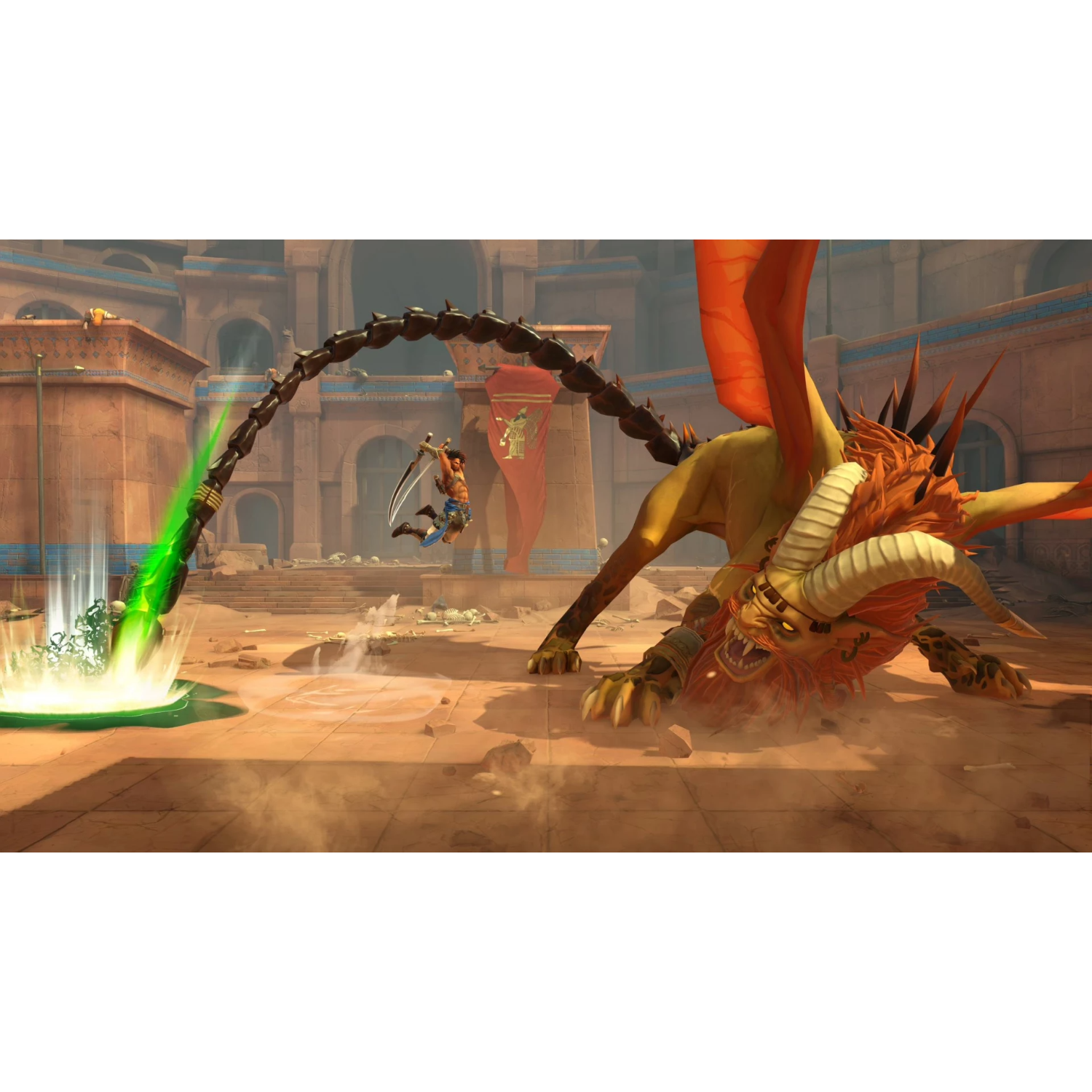 Een videogame scène met een draak die een krijger aanvalt met een zwaard. Groen magie effect.