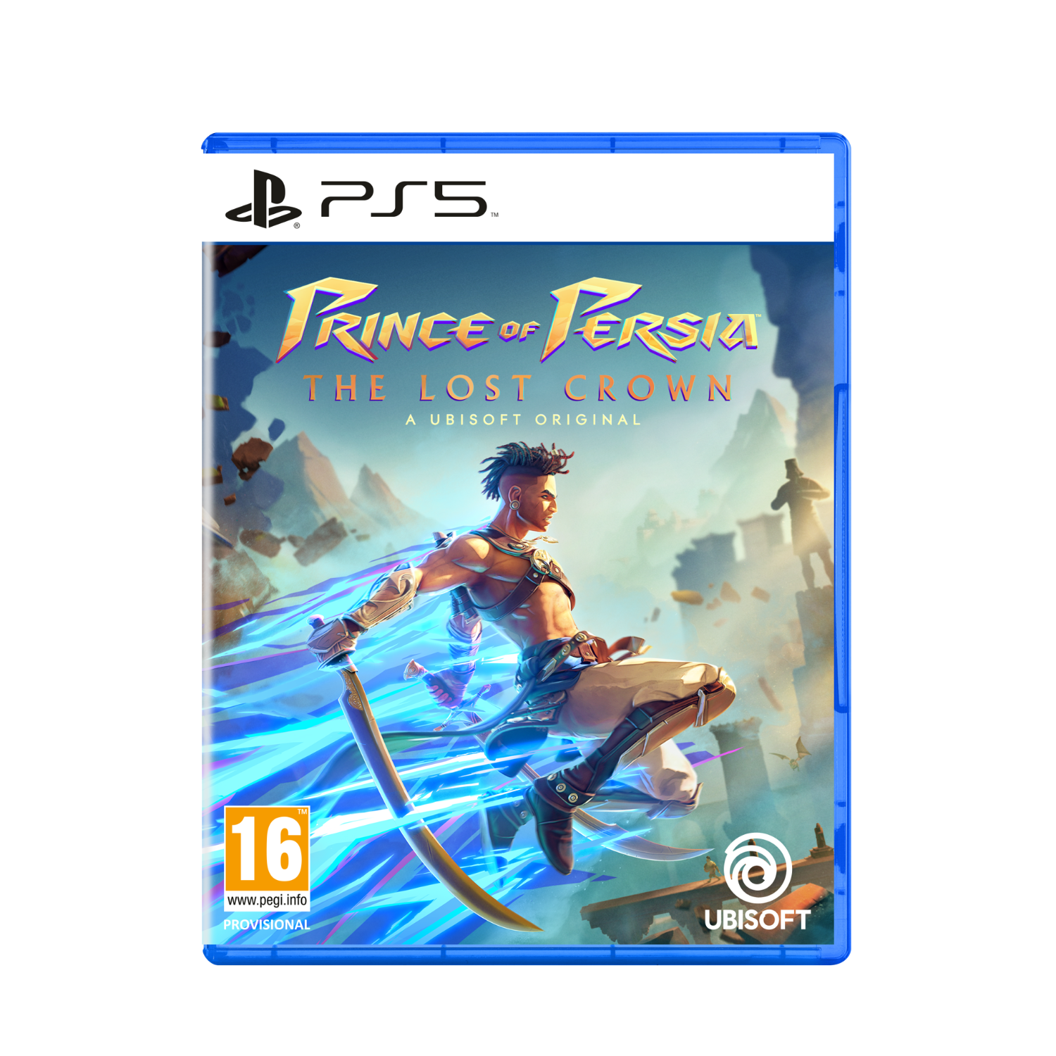 PS5 game case. De cover art toont een man met een zwaard, tegen een Perzische achtergrond.