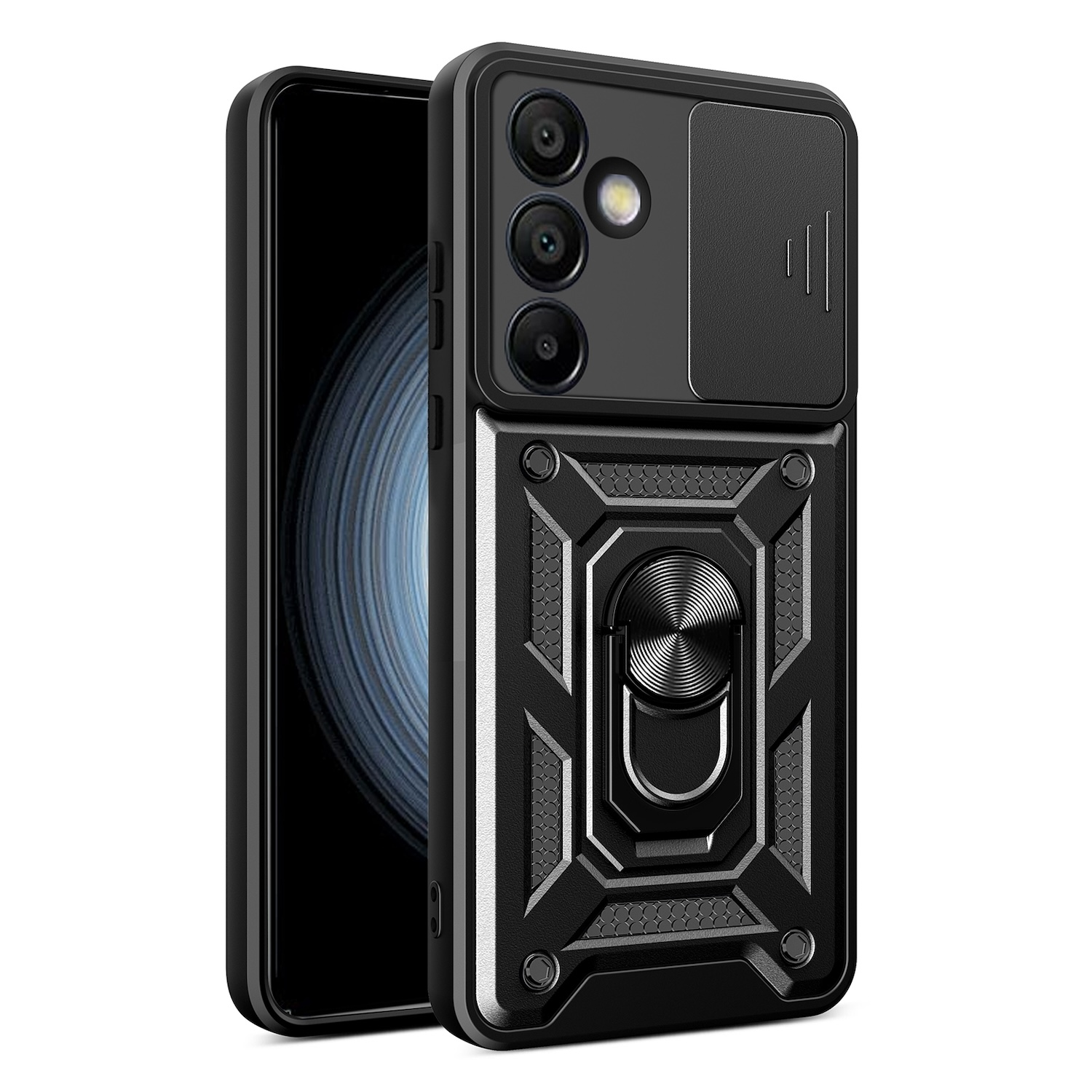 Schwarze Handyhülle mit Kameraabdeckung und Ringhalterung, auf einem Telefon montiert.