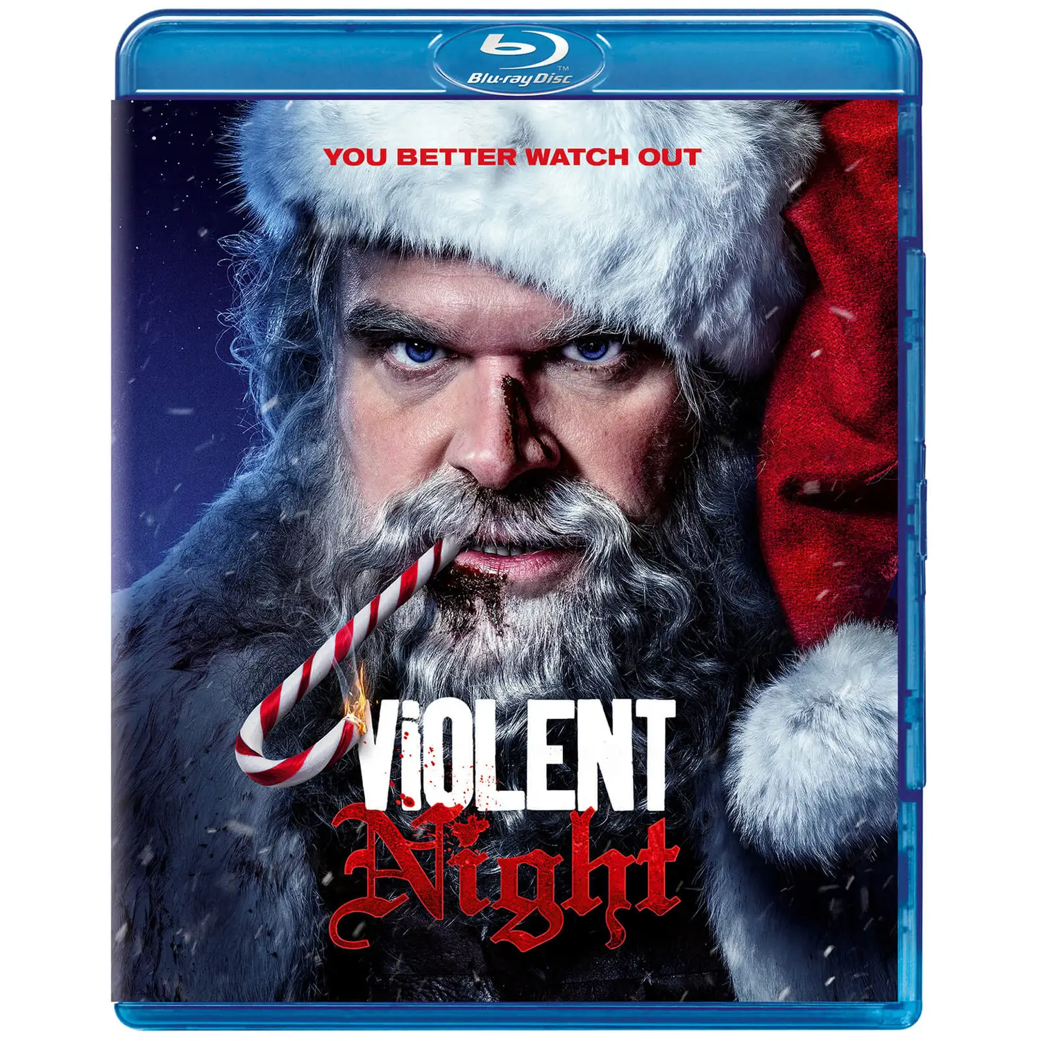 Filmposter van 'Violent Night' met een kerstman en een zuurstok, met het Blu-ray logo.