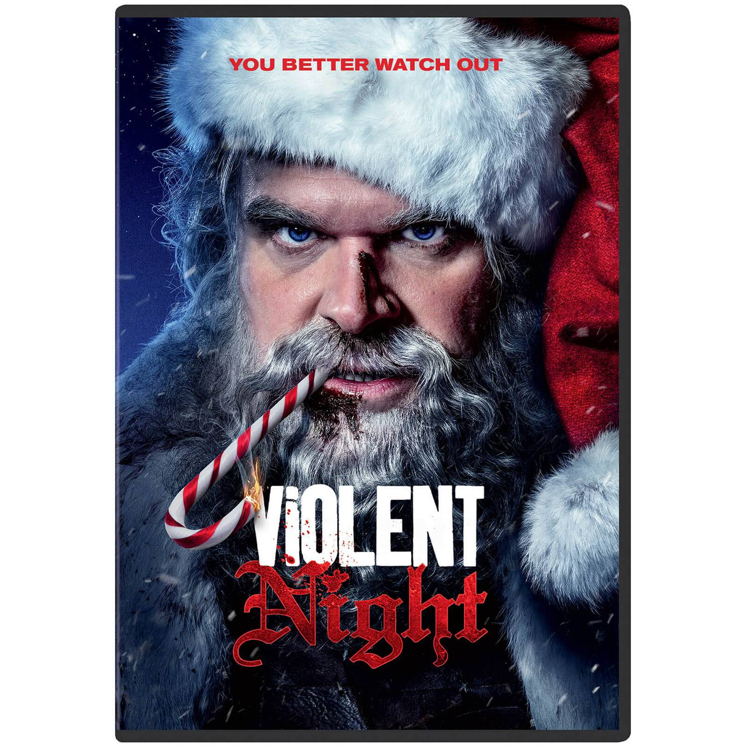 Filmover van een man verkleed als kerstman met een zuurstok in zijn mond, bloed en de titel.