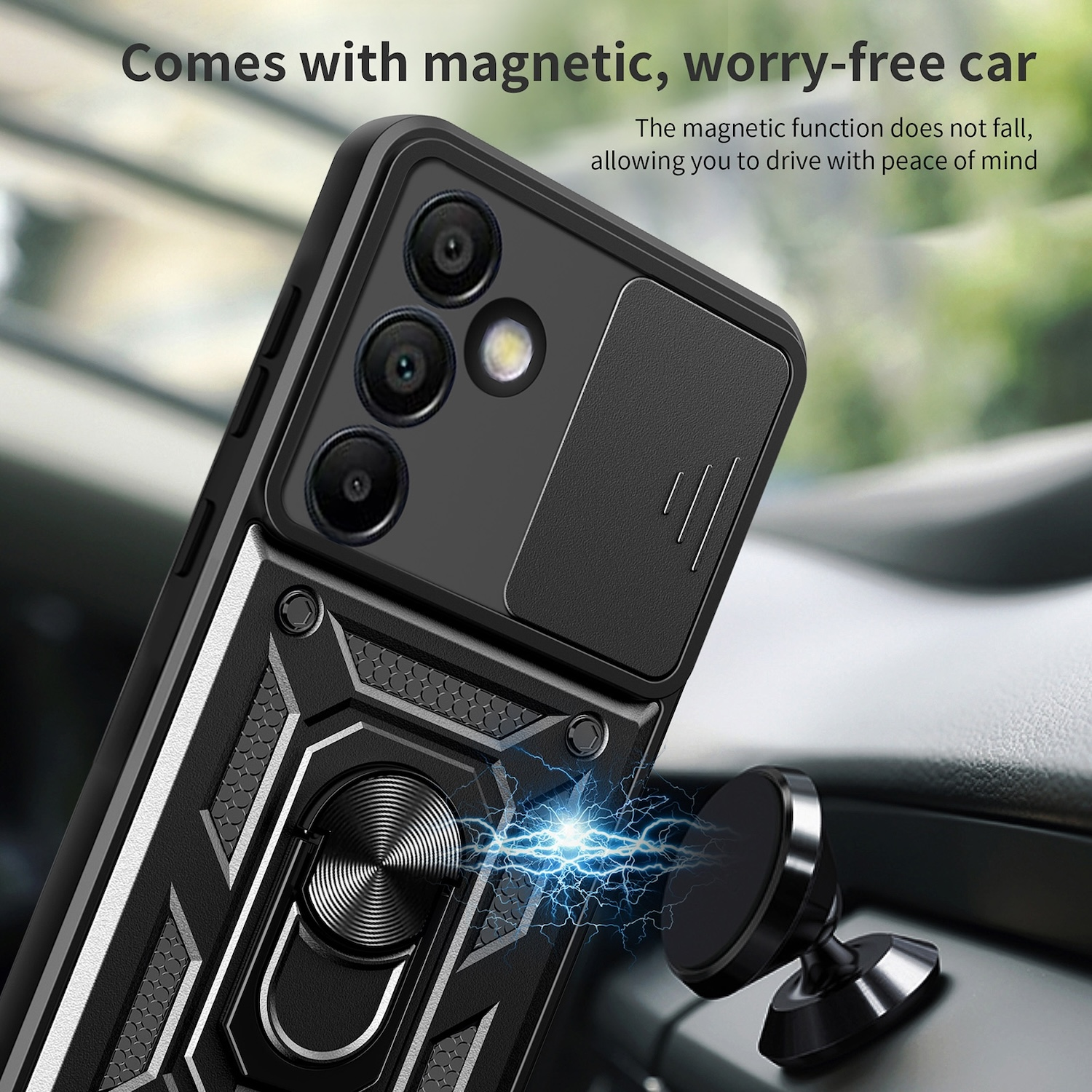 Schwarze Handyhülle mit Kameraschutz und Magnet. Ein Telefon ist auf dem Armaturenbrett eines Autos montiert.