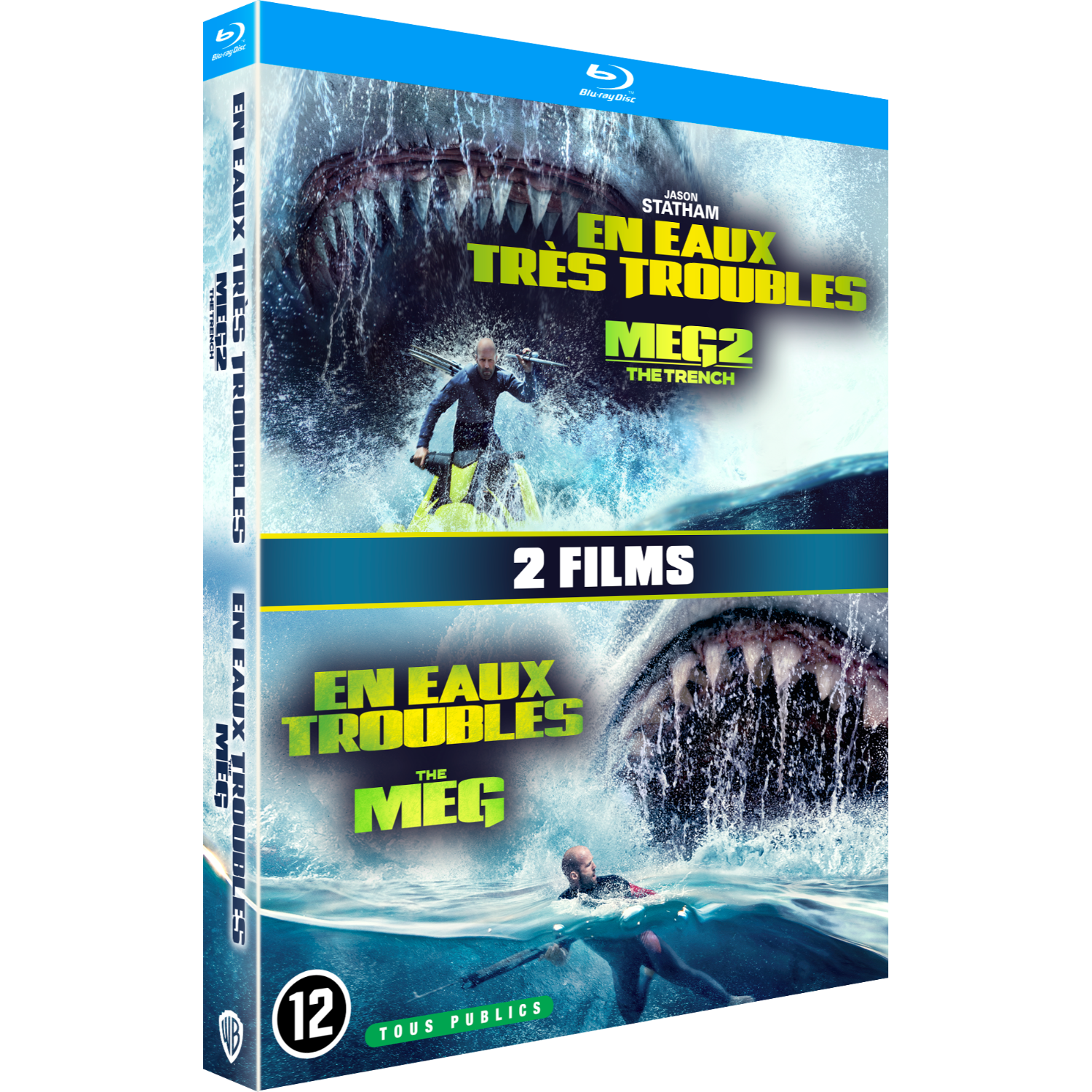 Blu-ray cover voor 'Meg 2: The Trench' en 'The Meg' films. Toont een haai en Jason Statham.