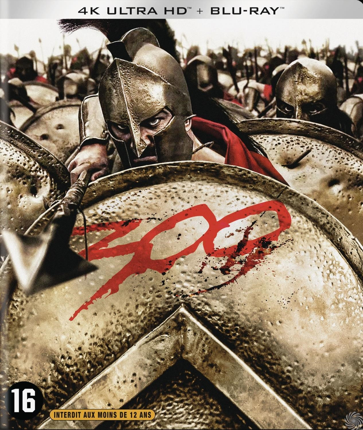 Filmposter voor '300', een krijger met helm en schild staat op de voorgrond.
