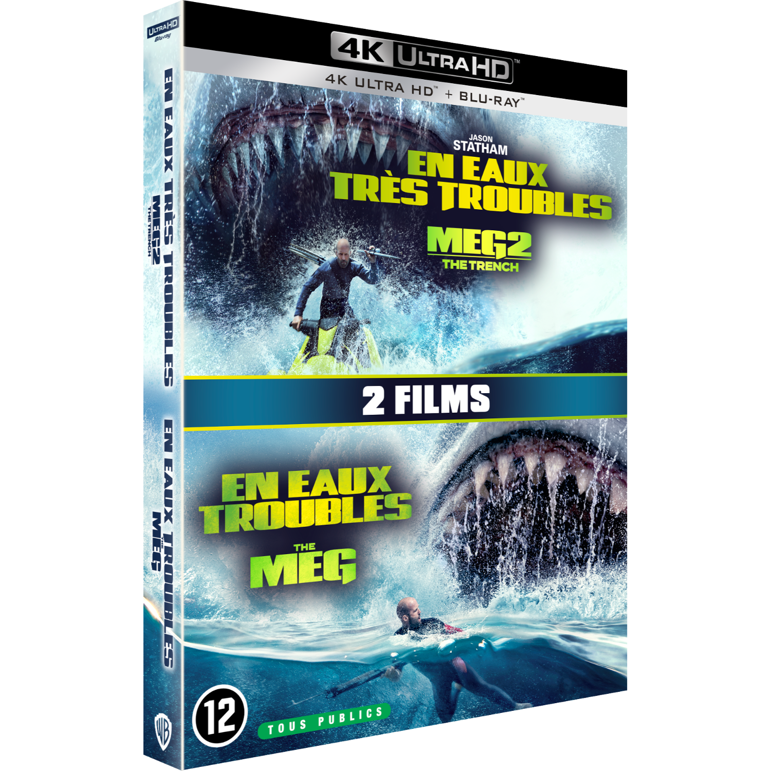 4K Ultra HD Blu-ray cover voor 'Meg 2: The Trench' en 'The Meg' films. Toont een haai en Jason Statham.