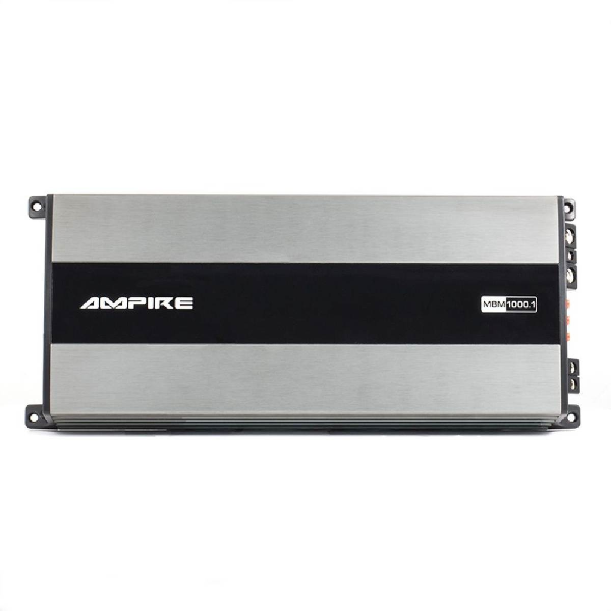 Silberner Auto-Verstärker mit schwarzer Mitte, AMPIRE-Logo. Modell MBM3000.1.