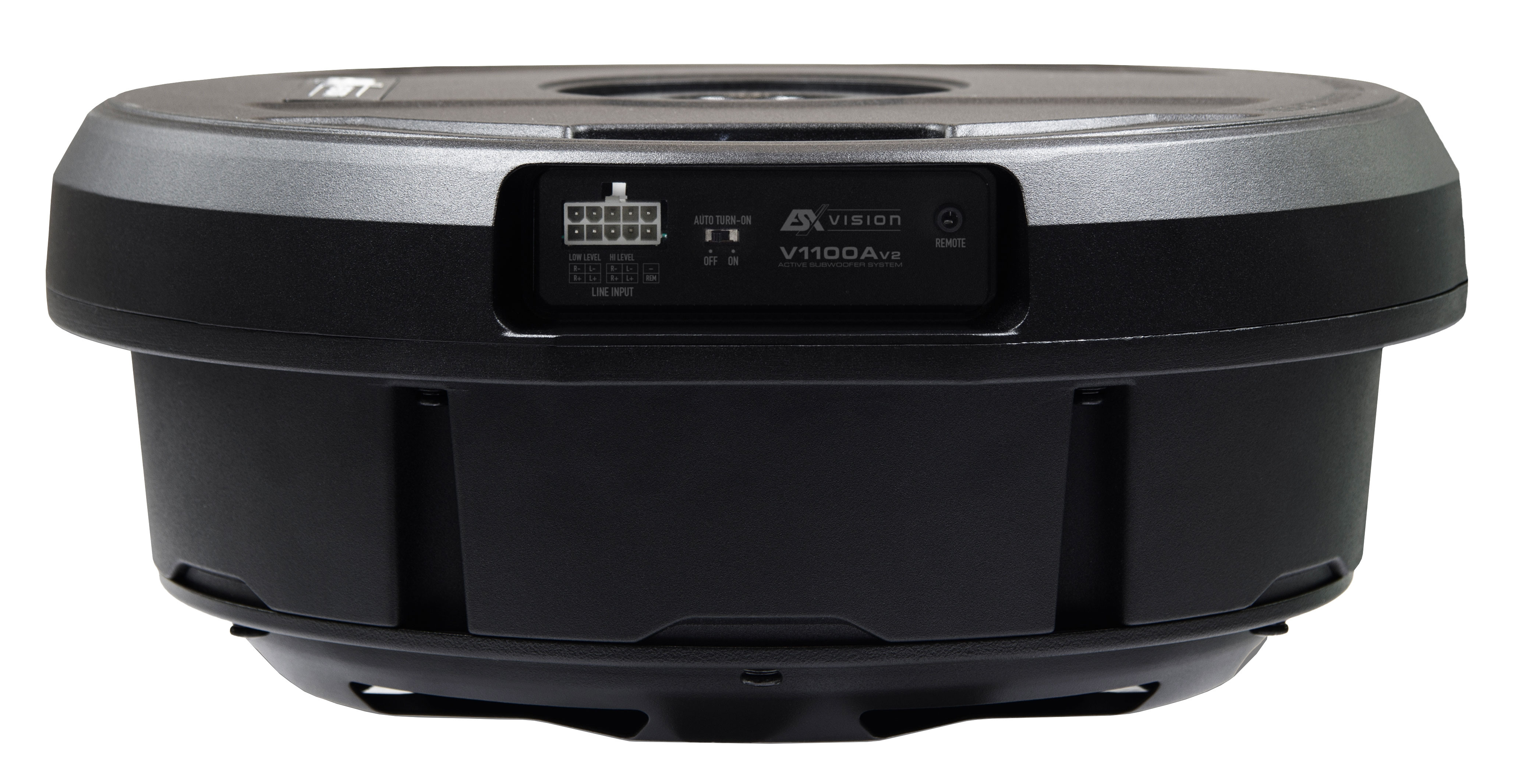 Runder schwarzer und grauer Subwoofer mit Bedienfeld und Markenname oben.