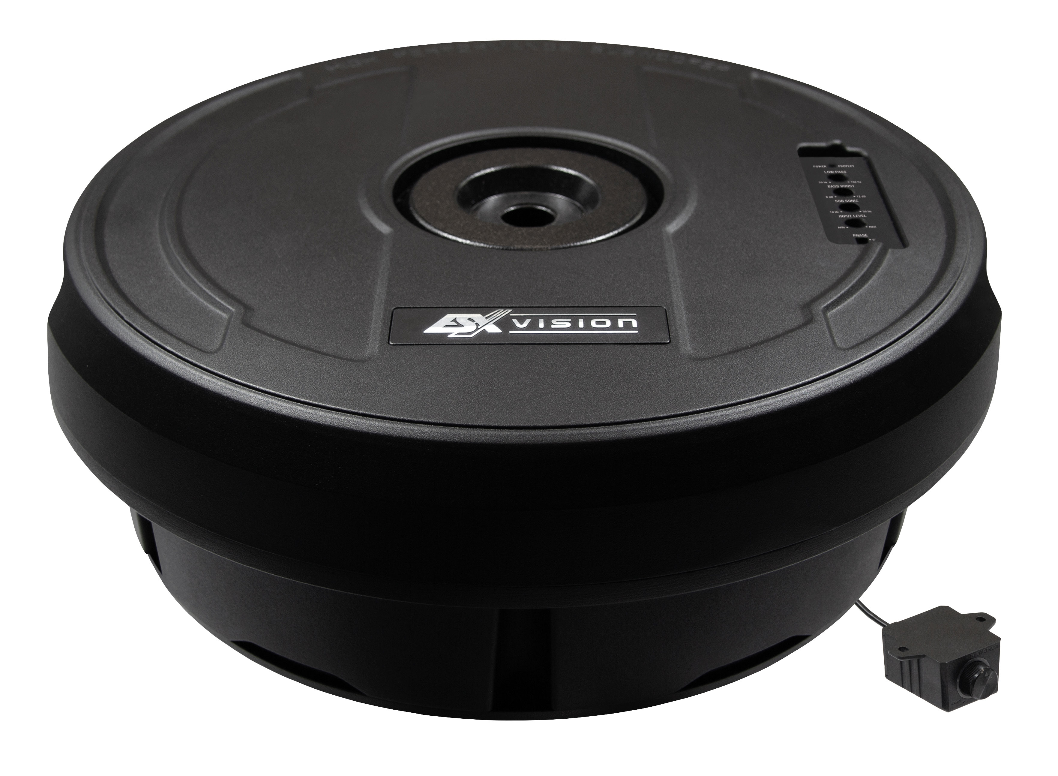 Schwarzer Subwoofer, zylindrisches Design mit dem Schriftzug "4X VISION" oben. Weißer Hintergrund.