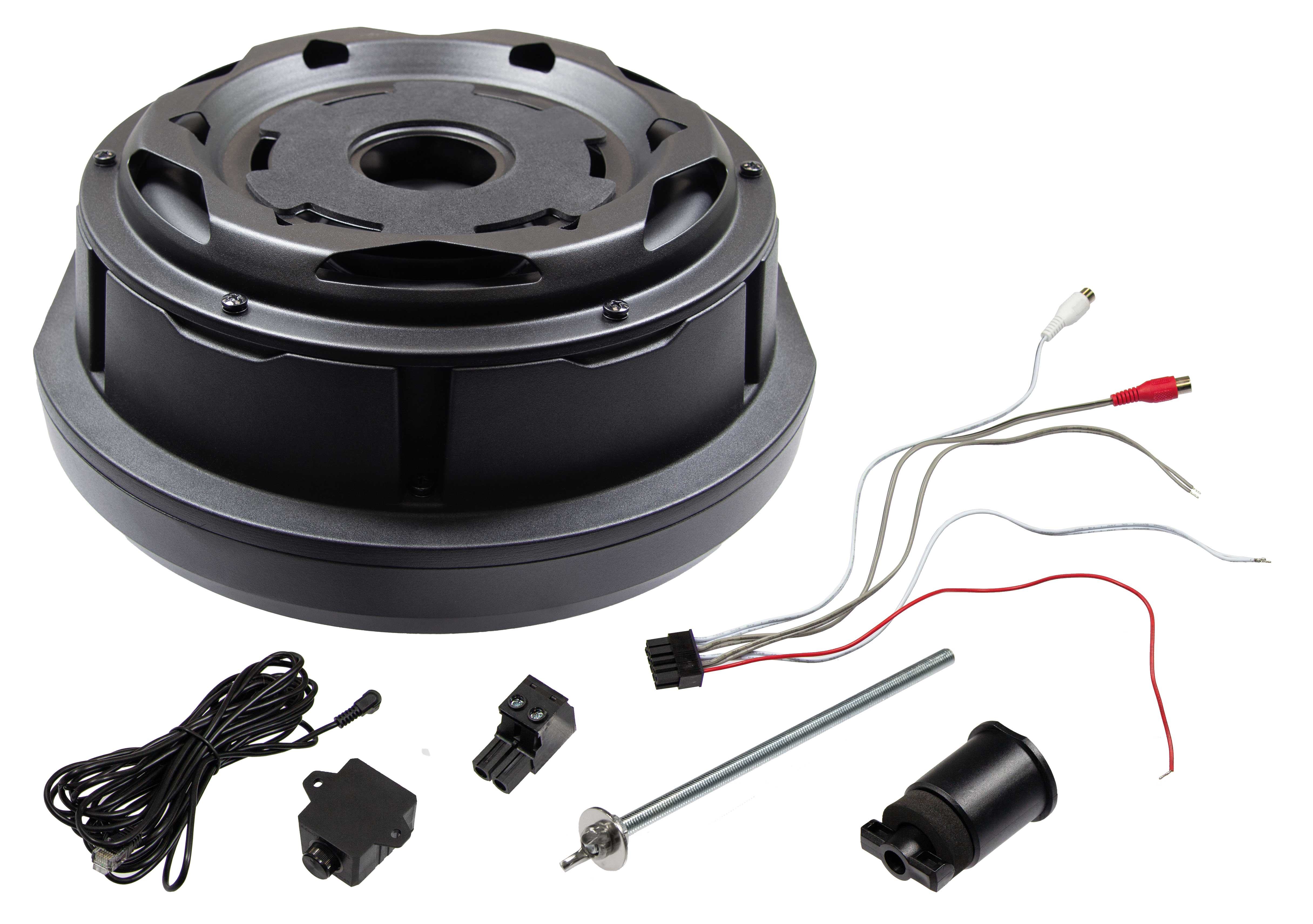 Ein dunkler Subwoofer mit mehreren Komponenten wie Drähten und Anschlüssen, die auf einer weißen Oberfläche angeordnet sind.