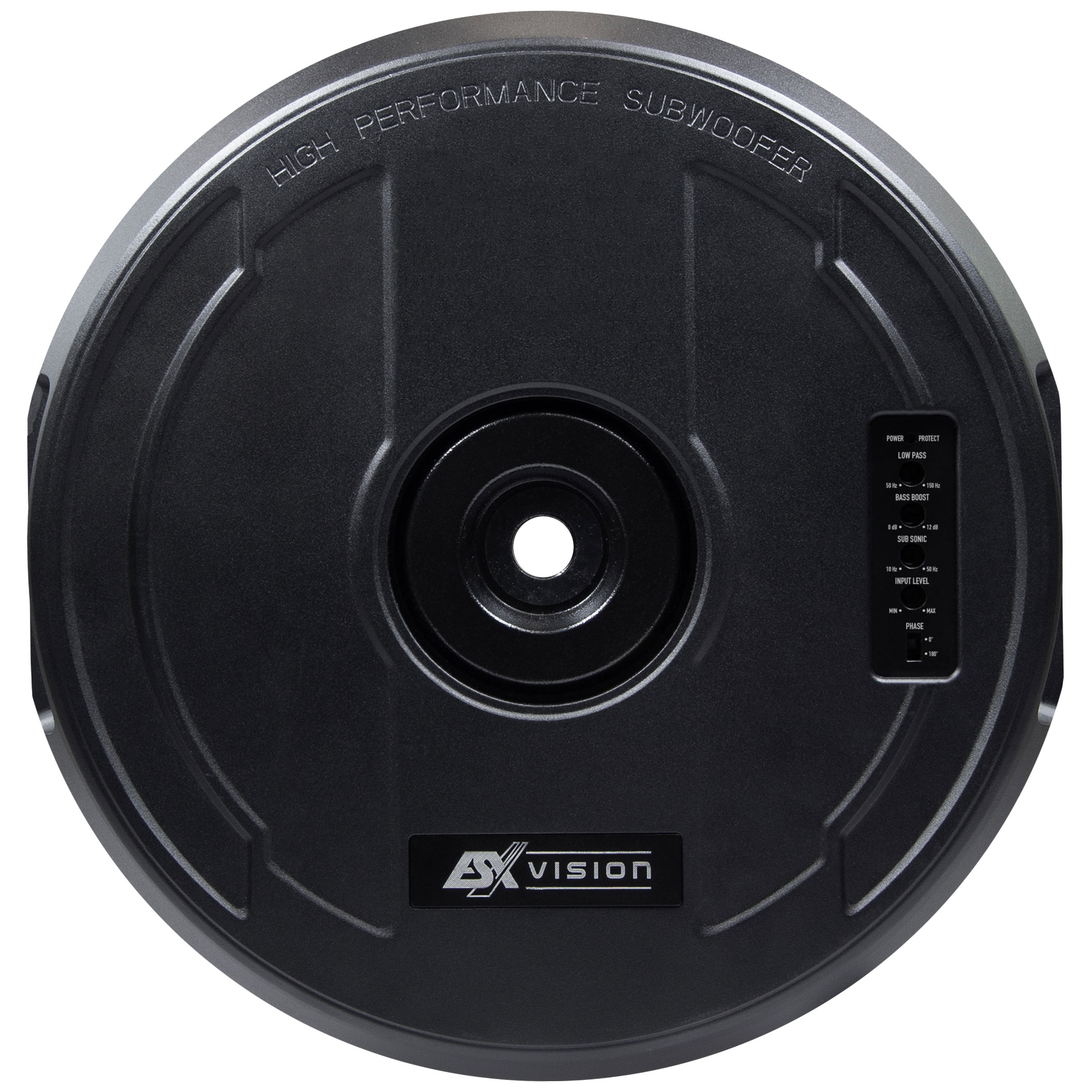Schwarzer Subwoofer mit Bedienfeld. Text darauf: High Performance Subwoofer. Weißer Hintergrund.