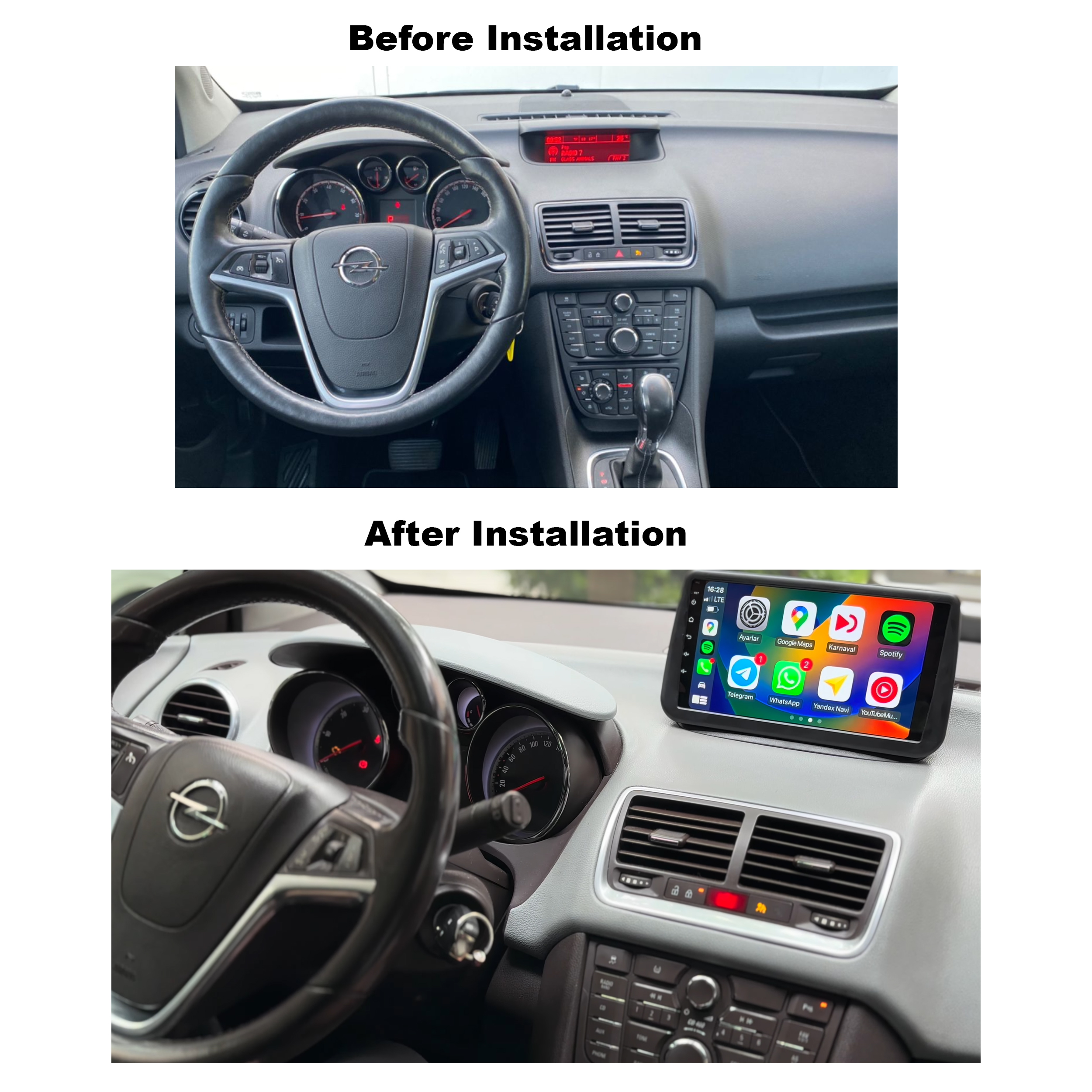 Vorher- und Nachher-Bilder des Armaturenbretts im Auto. Zeigt ein Armaturenbrett mit neuem Bildschirm.