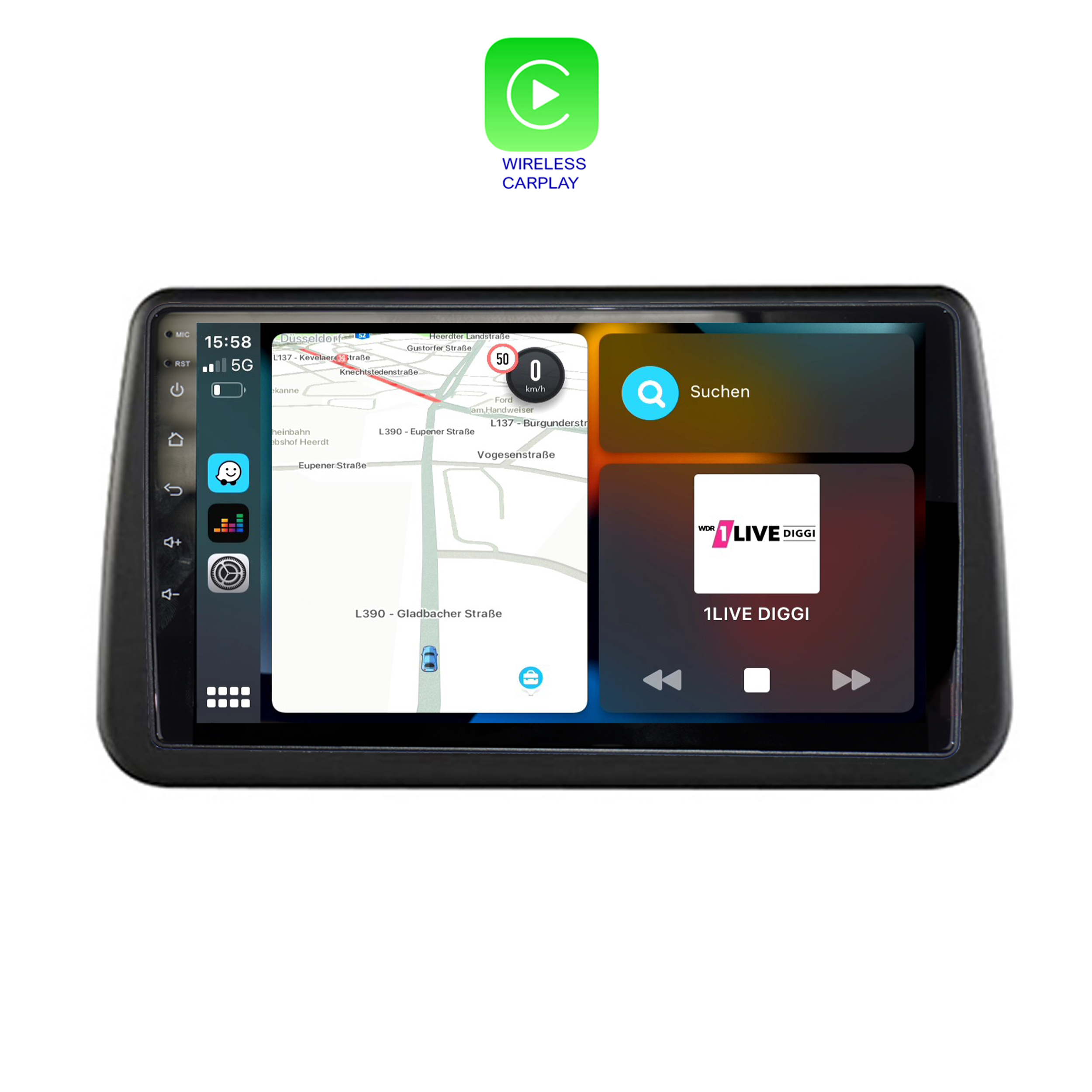 Auto-Bildschirm mit Karte, Navigation und Musiksteuerung. Wireless CarPlay Logo.
