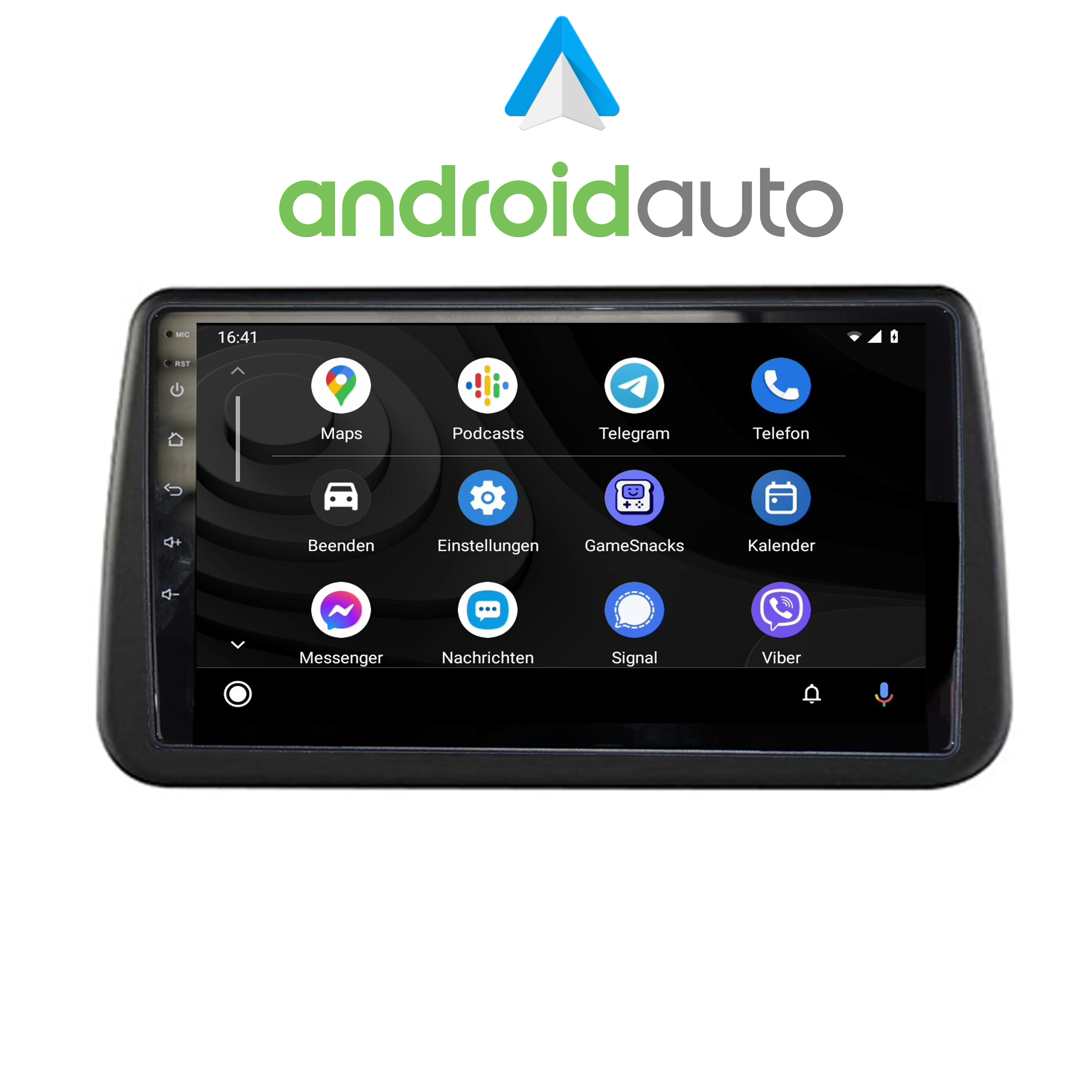 Android Auto-Bildschirm mit App-Symbolen, darüber das Android Auto-Logo.
