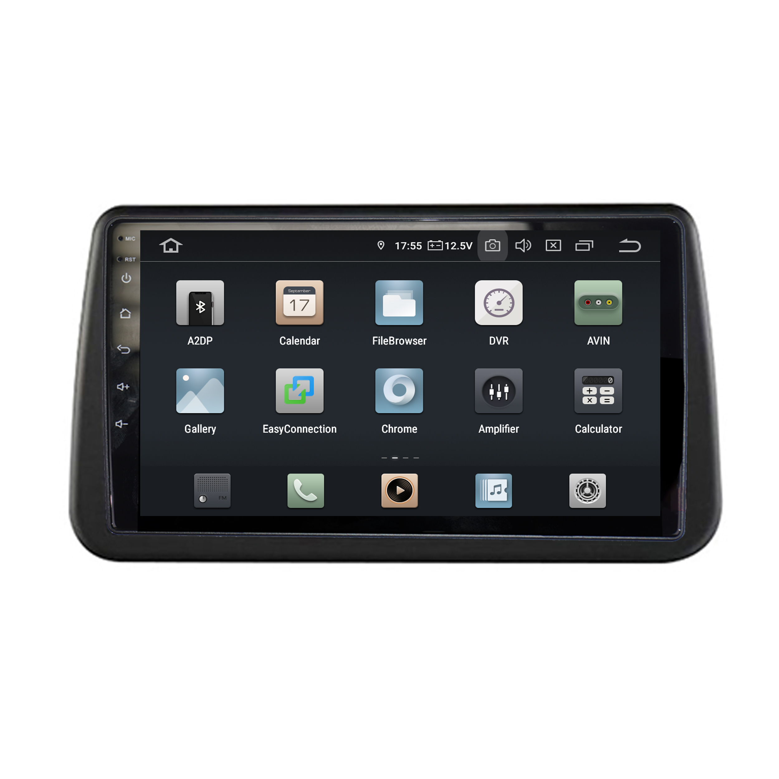 Auto-Multimedia-System mit Touchscreen, der verschiedene App-Symbole und Einstellungen anzeigt.
