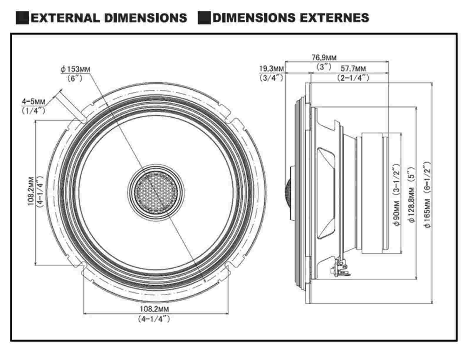 Diagramm eines Lautsprechers mit Abmessungen und Messungen in mm und Zoll.