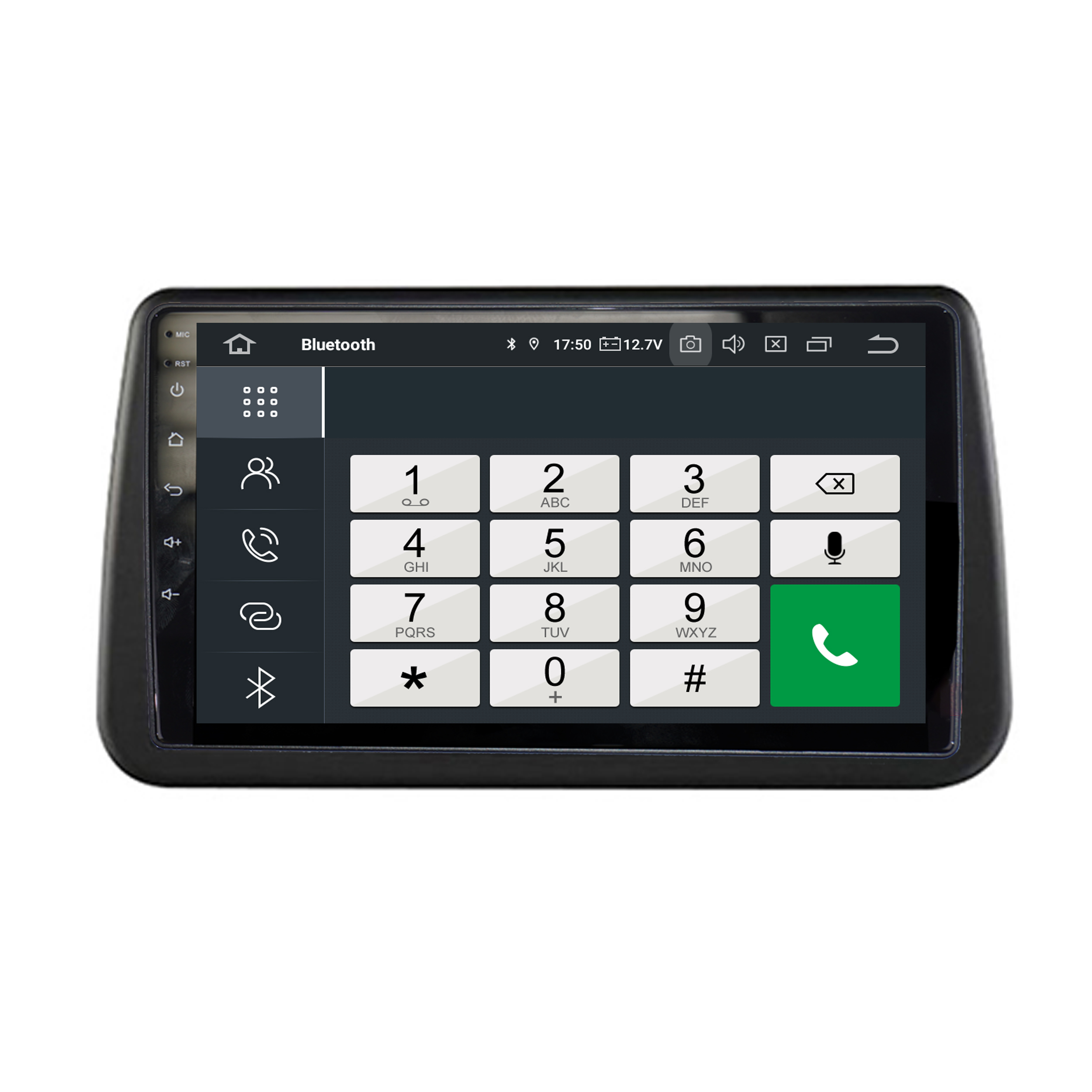 Ein Auto-Infotainment-Bildschirm, der eine Tastaturschnittstelle mit nummerierten Tasten zum Wählen einer Telefonnummer anzeigt.