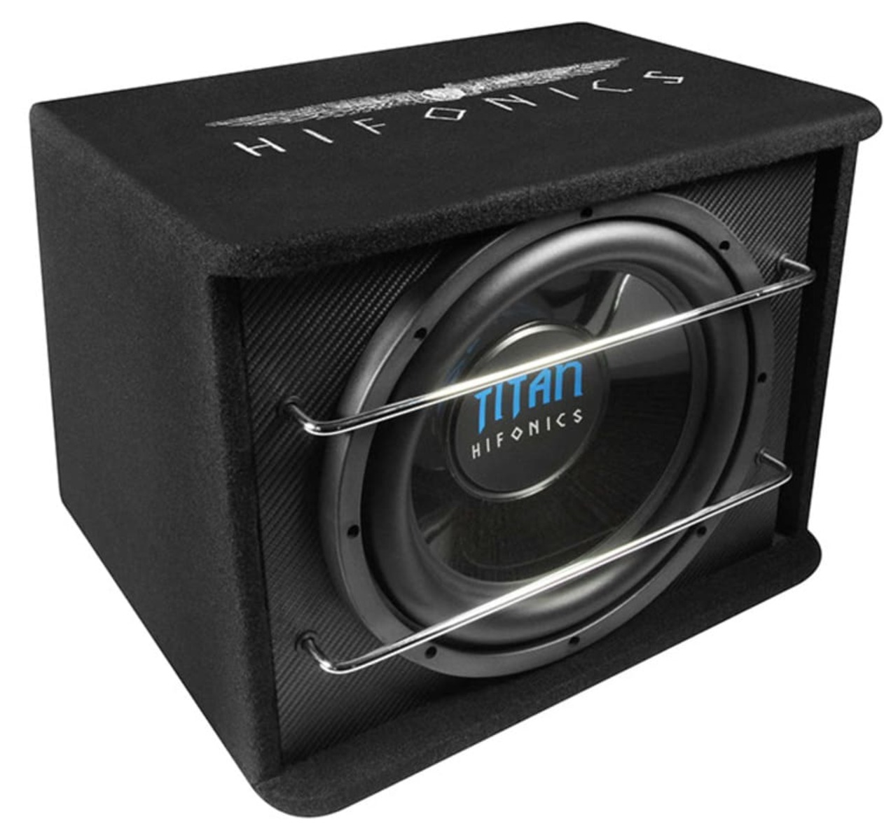 Schwarze Subwoofer-Box mit silbernen Stangen, Lautsprecher sichtbar. Weißer Hintergrund.