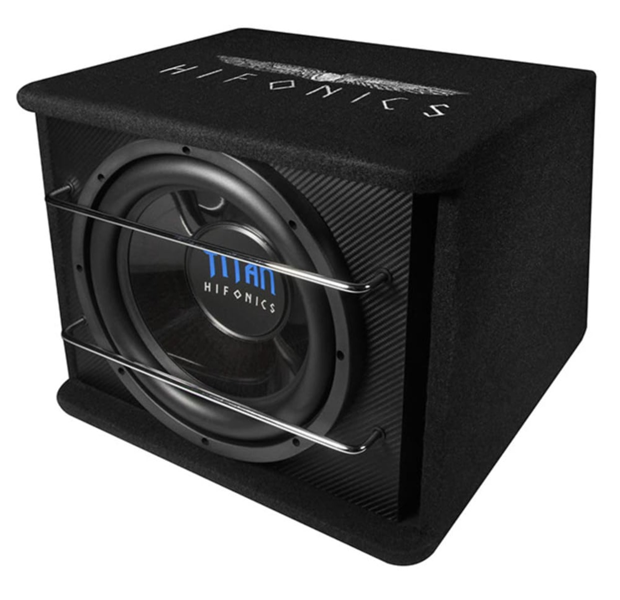 Eine schwarze Subwoofer-Box mit Lautsprecher, Metallgitter und Hifonics-Logo.