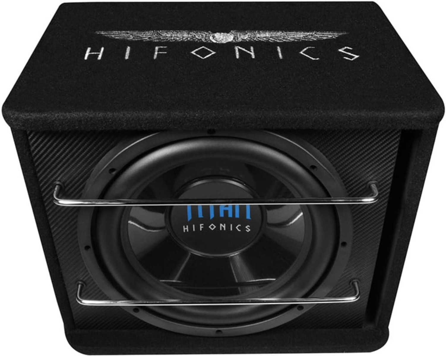 Schwarzer Subwoofer mit Metallstäben. 'HIFONICS' steht drauf.