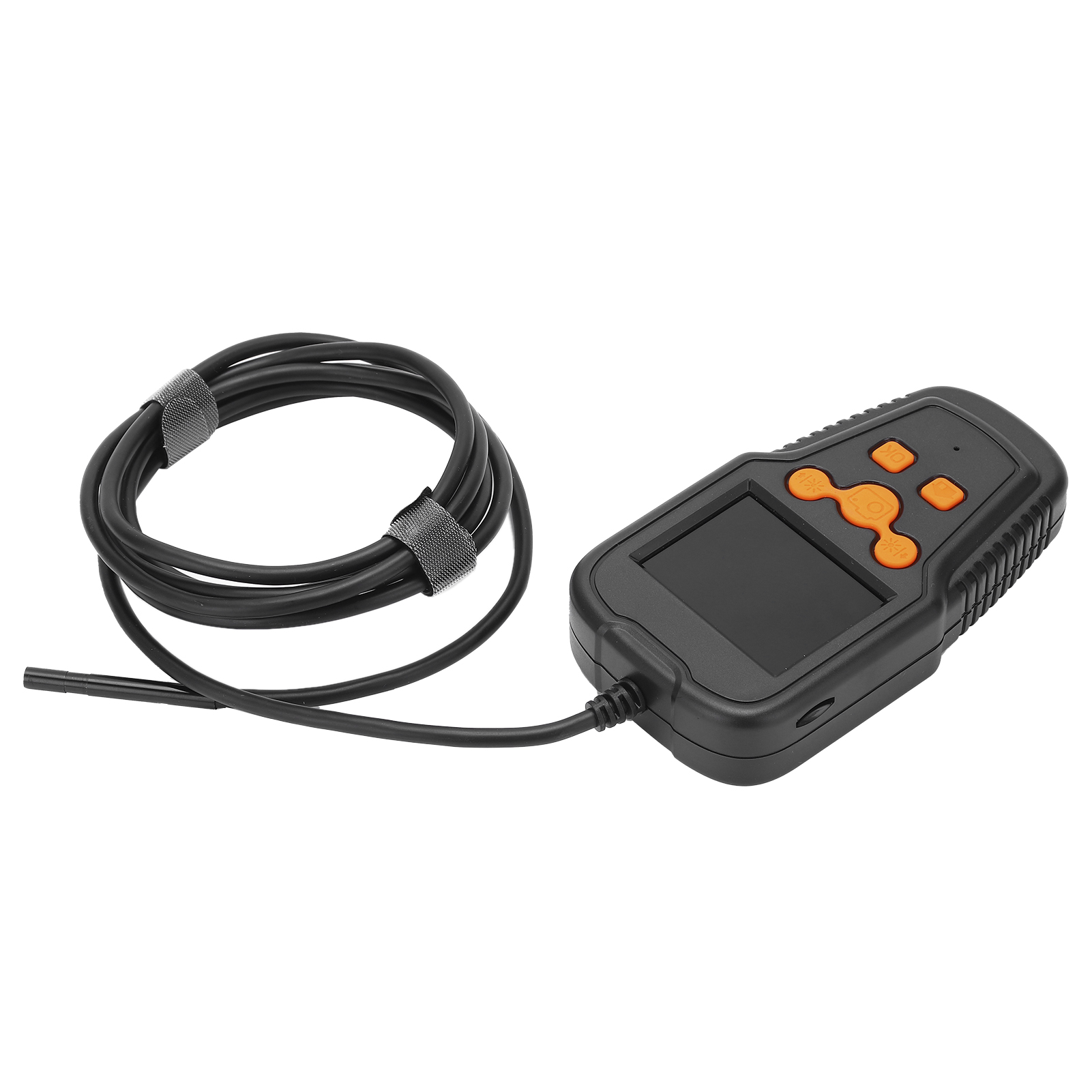 Schwarze Inspektionskamera mit Bildschirm und orangen Knöpfen, verbunden mit einem Kabel.