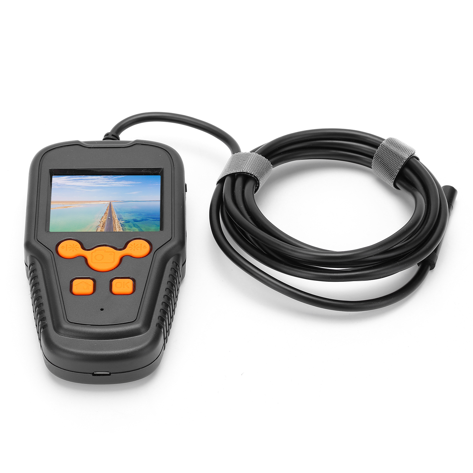 Schwarze Inspektionskamera mit LCD-Bildschirm, Kabel und orangefarbenen Tasten.