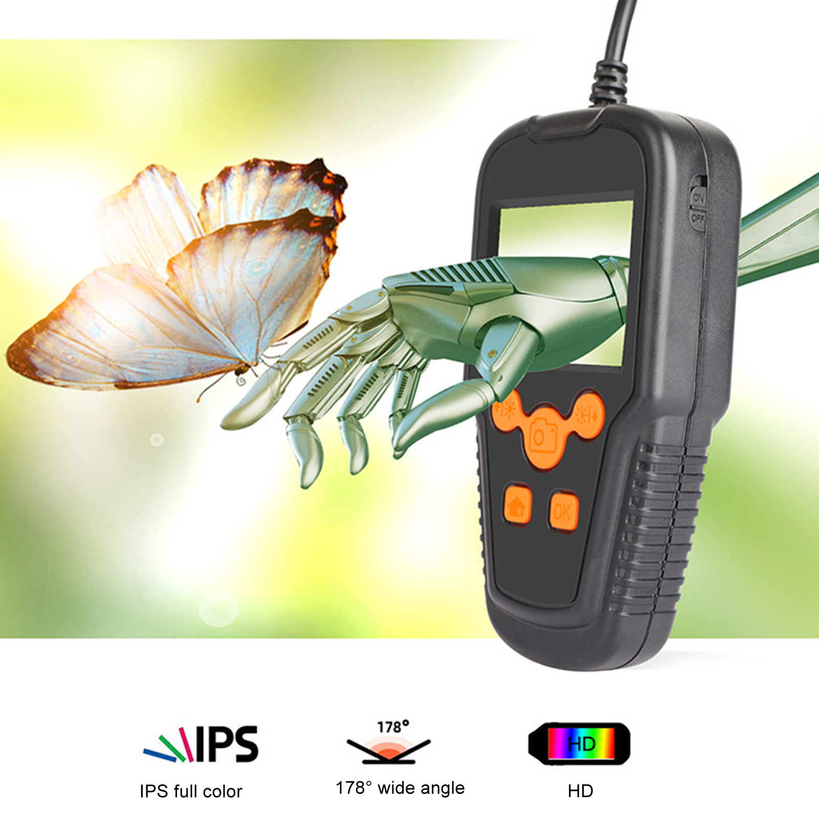 Diagnosescanner mit Bildschirm, der eine Hand und einen Schmetterling zeigt. IPS, 178° Weitwinkel, HD-Symbole.