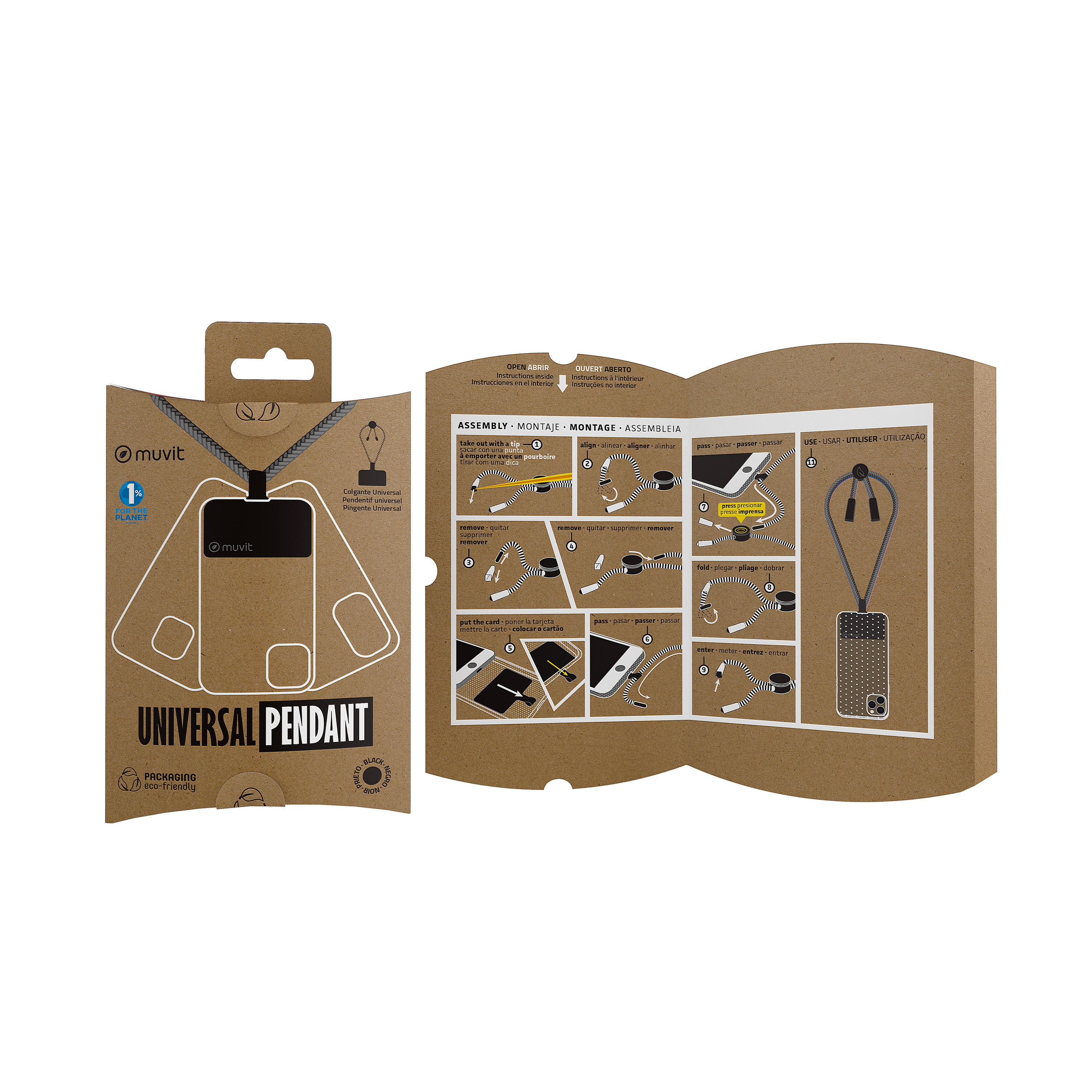 Caja de cartón con accesorio para teléfono. Ilustración de teléfono y accesorio.
