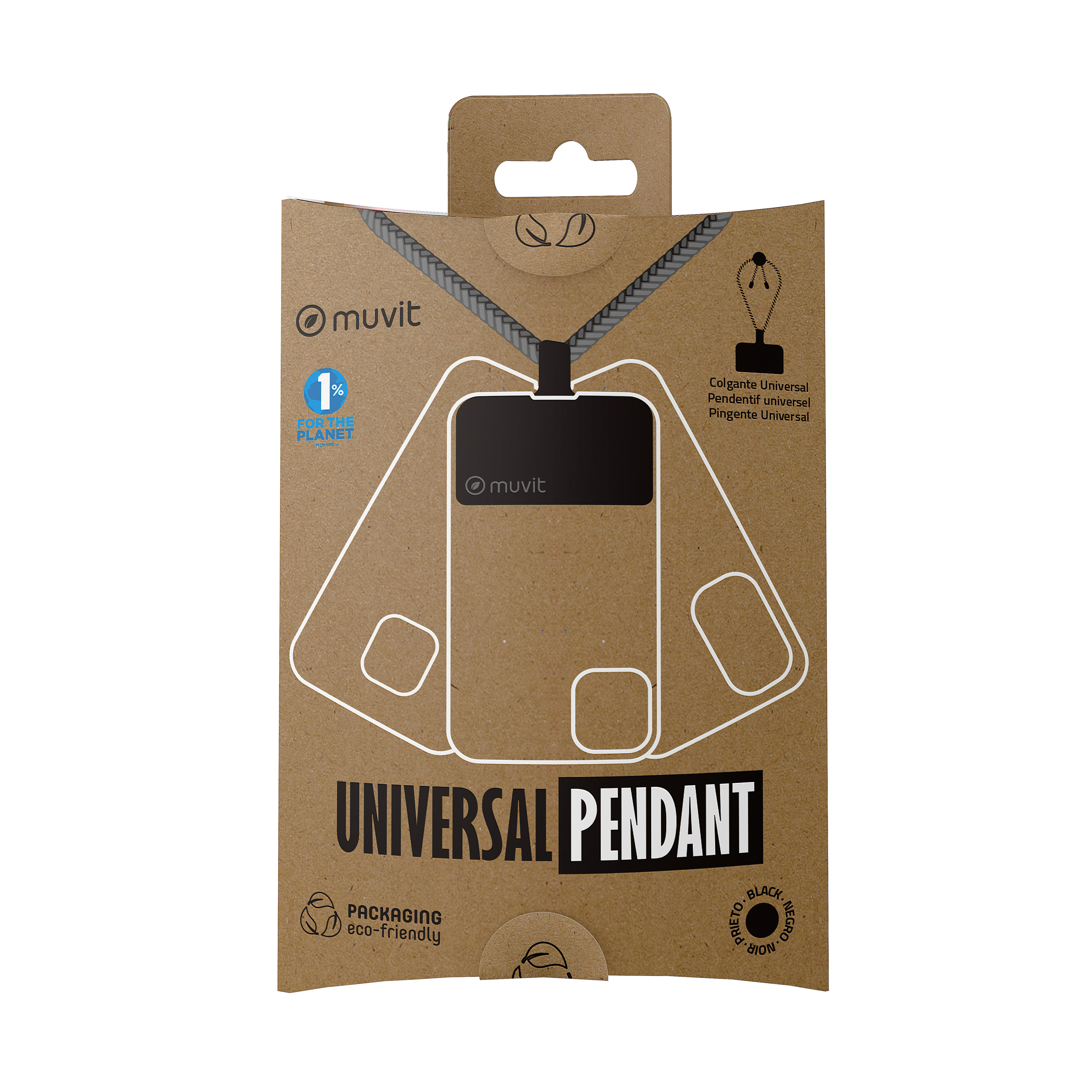 Embalaje de un colgante universal, marrón con contorno de colgante negro.