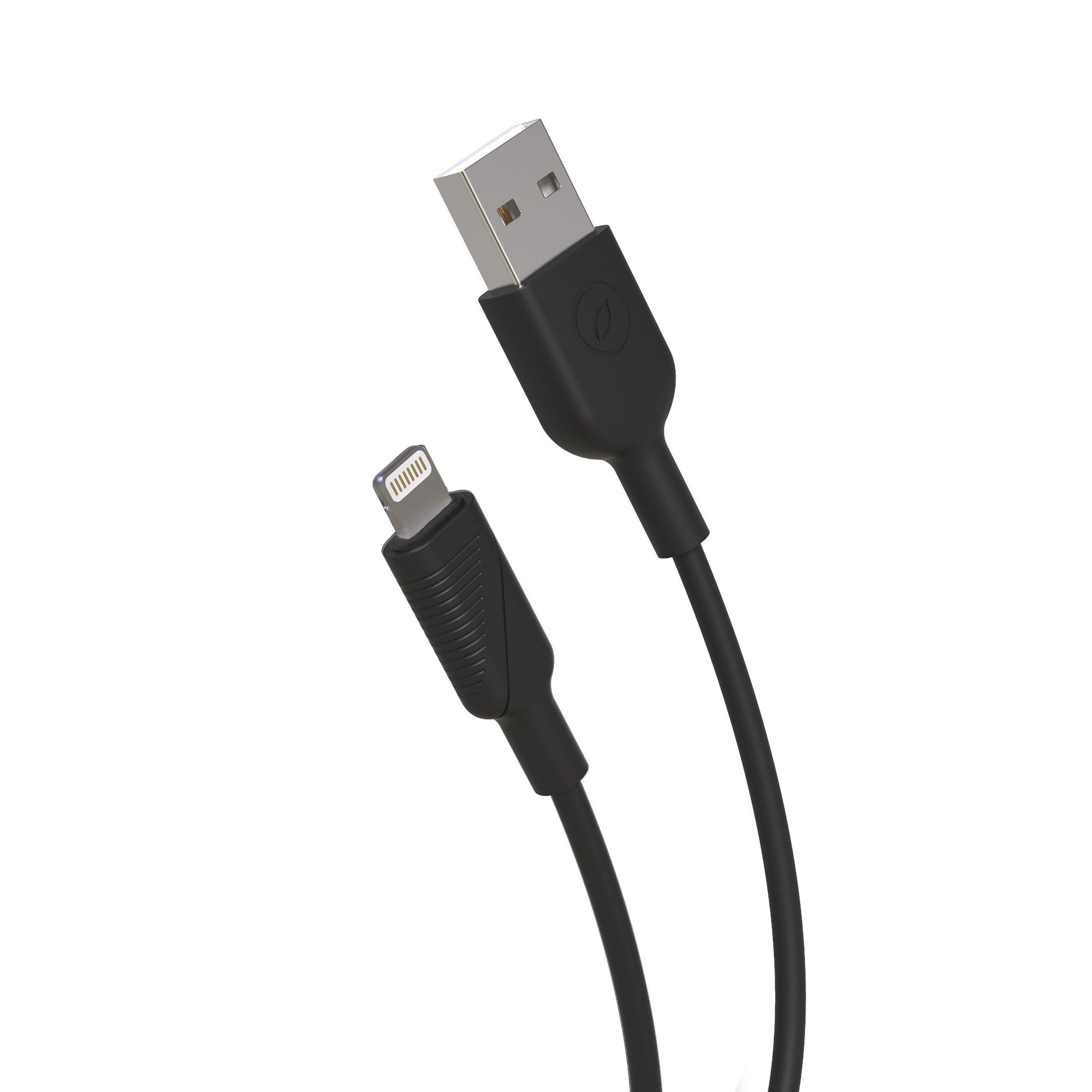 Cable de carga negro con conectores USB y Lightning, sobre fondo blanco.