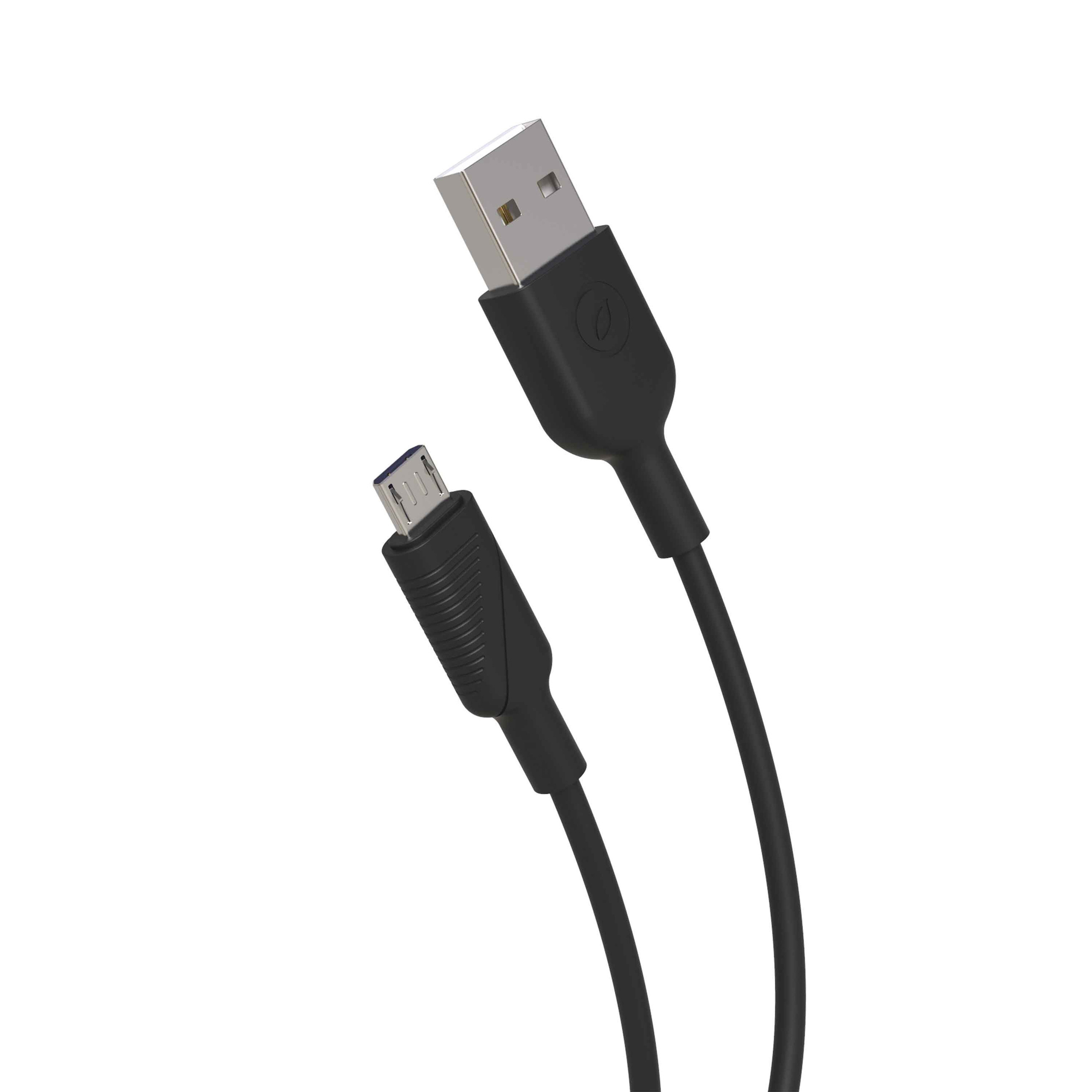 Cable negro de USB a micro USB. El extremo USB es plateado, micro USB es negro.