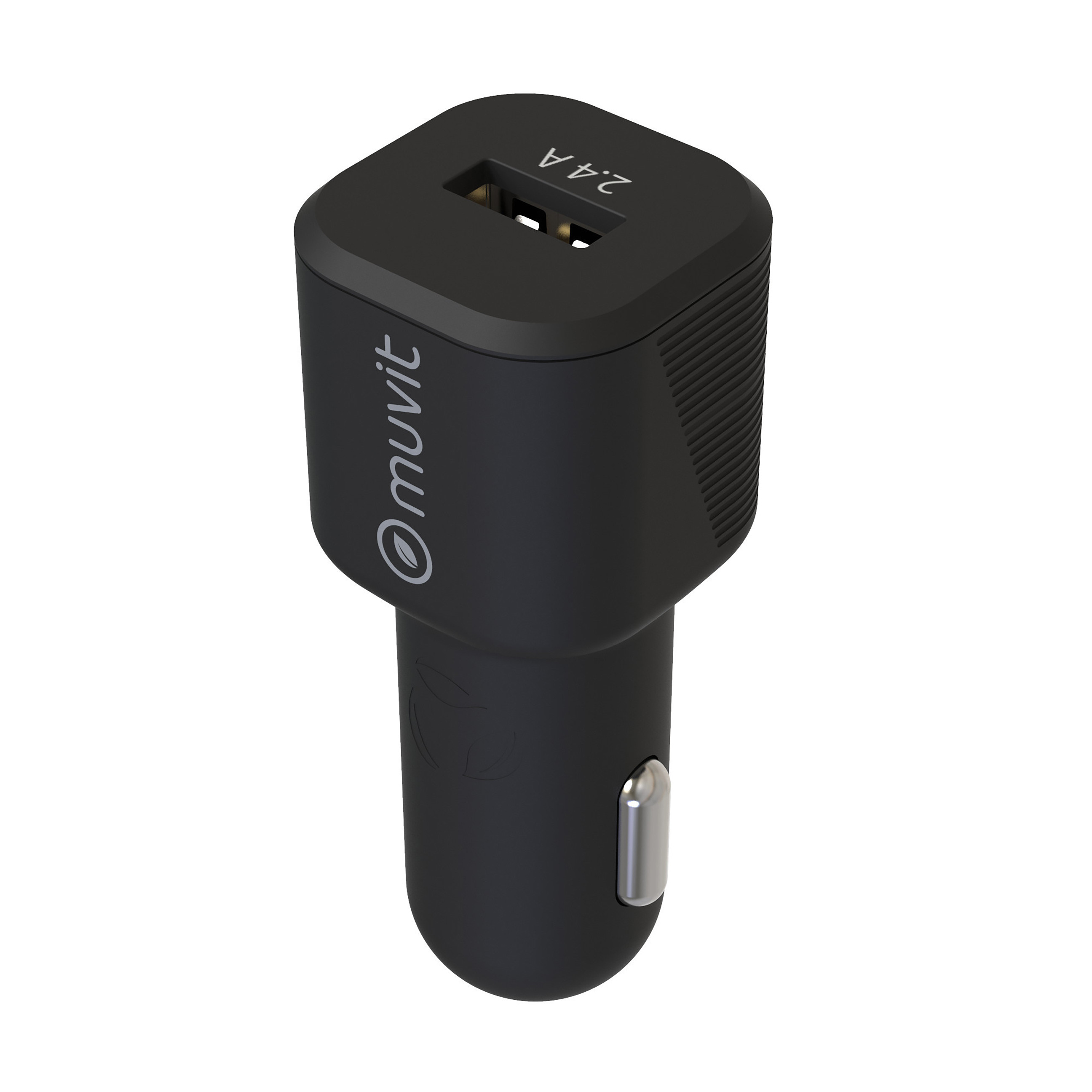 Cargador de coche negro con dos puertos USB y la marca 'muvit'.