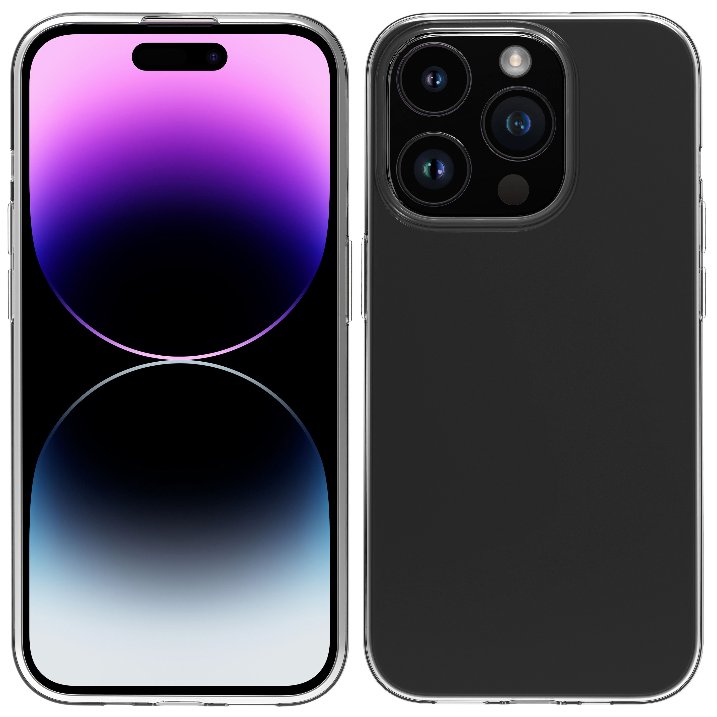 Dos vistas de un teléfono negro con una funda transparente. La pantalla del teléfono está encendida.