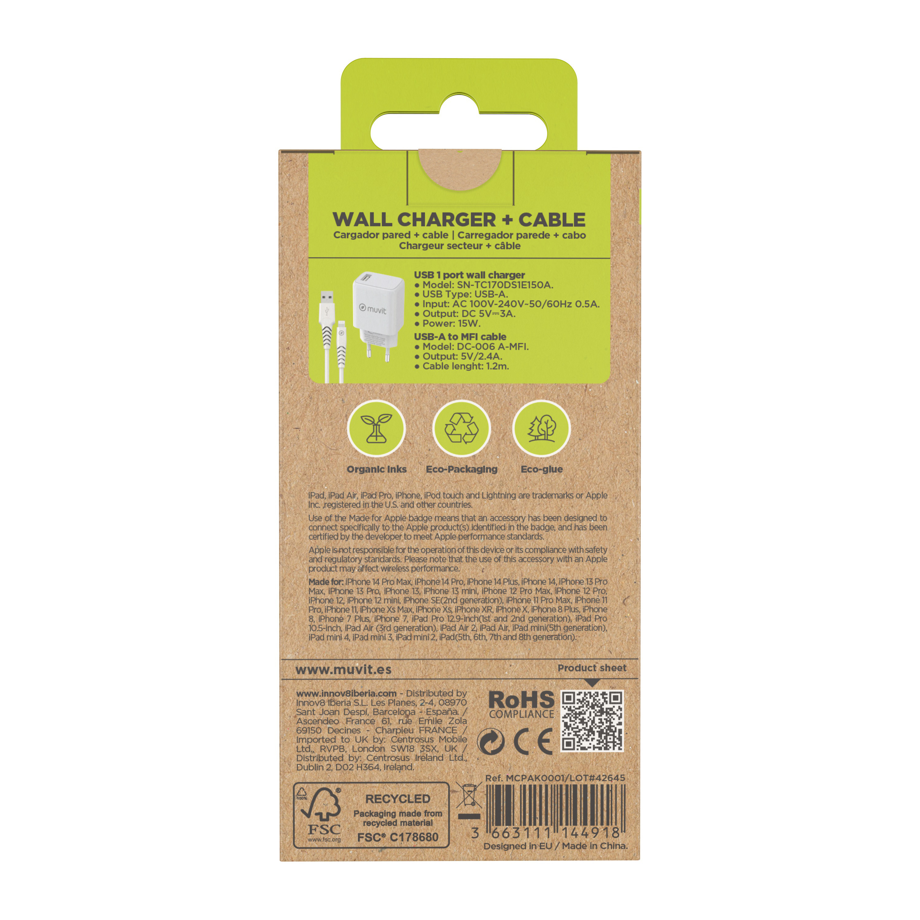 Embalaje para un cargador de pared y cable. El texto incluye información e iconos que representan orgánico, eco-empaque y eco-pegamento.