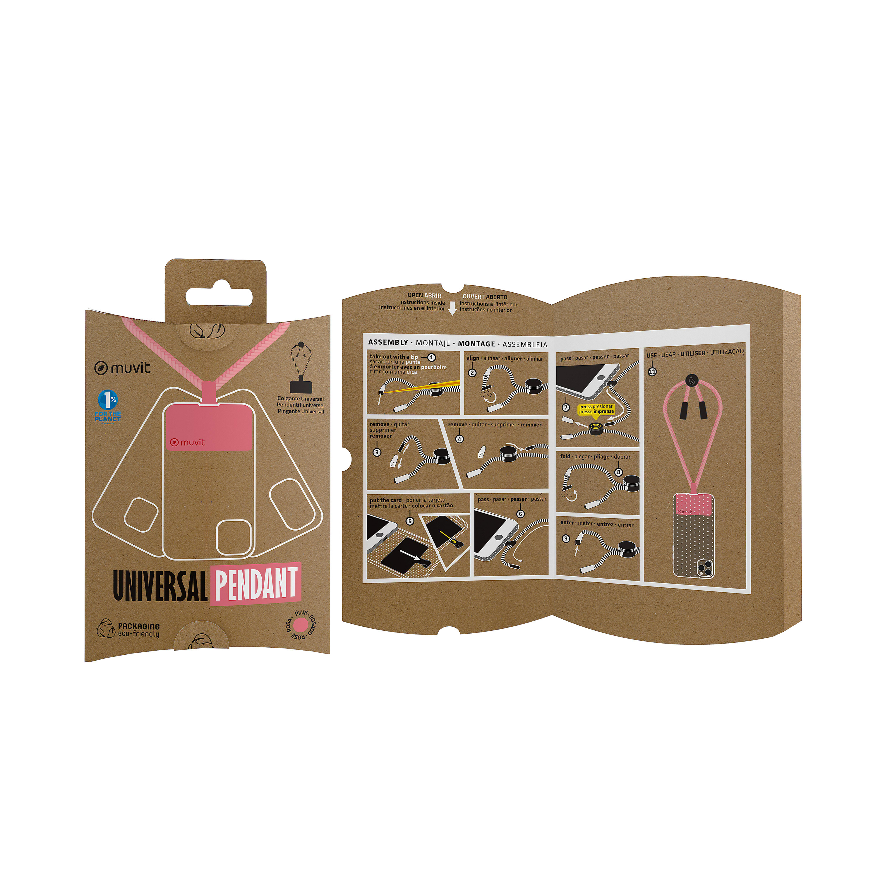 Embalaje de cartón marrón para un colgante universal. Colgante rosa e instrucciones visibles.