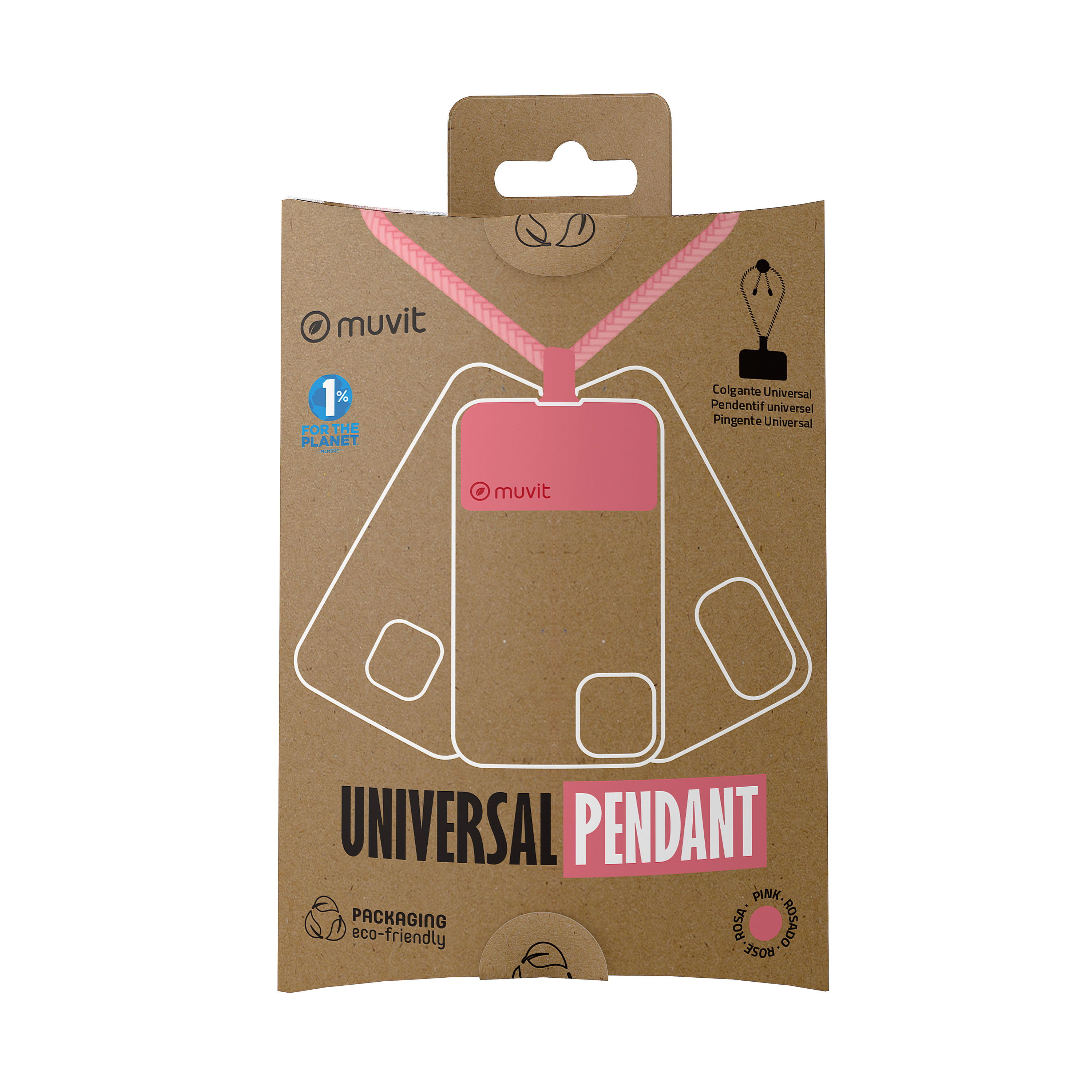 Embalaje de cartón con una correa de teléfono rosa. El texto dice 'Colgante Universal' y '1% para el planeta'.