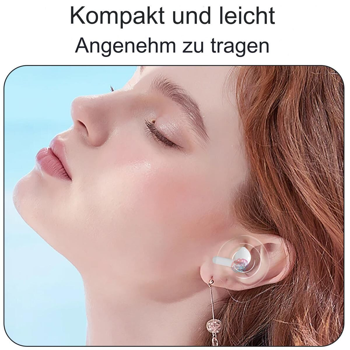 Eine Frau, die einen Ohrhörer trägt. Fokus auf den Ohrhörer und das Ohr.