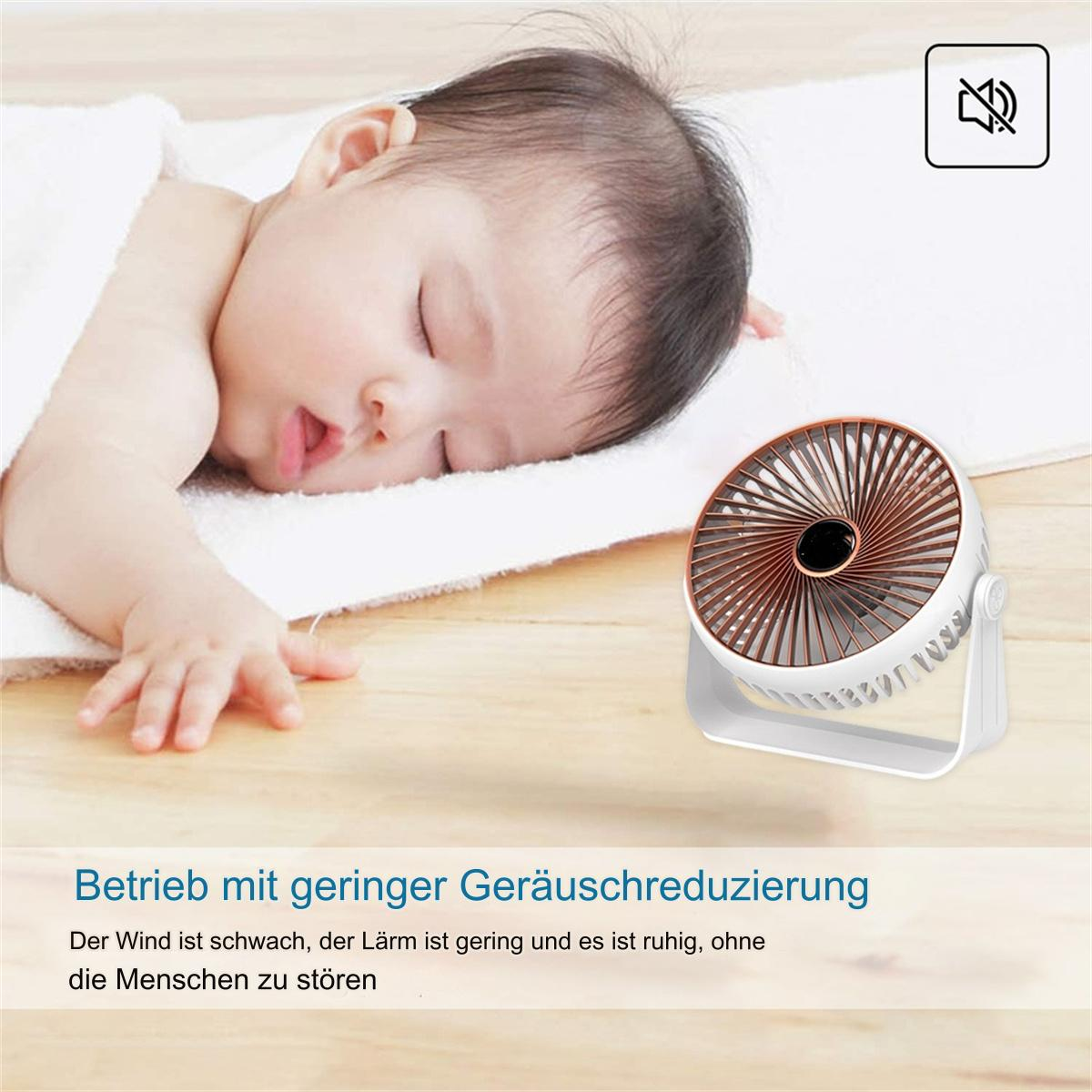Schlafendes Baby neben einem weißen Ventilator. Der Ventilator hat einen weißen Sockel und kupferfarbene Blätter.
