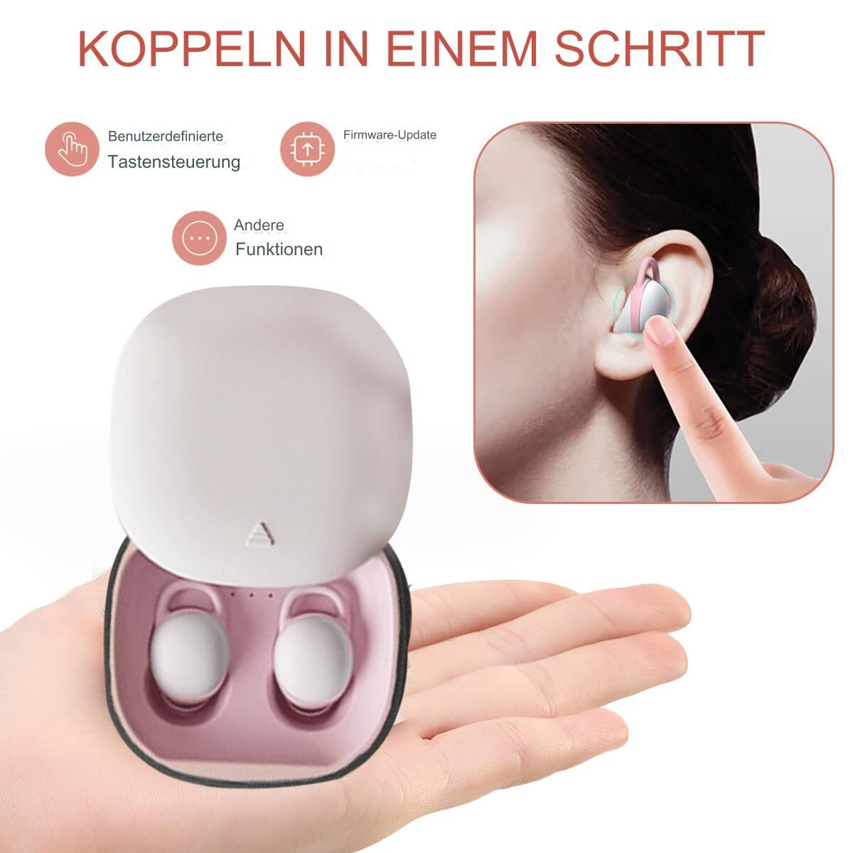 Weiß-rosafarbenes Ohrhörer-Ladecase, mit Ohrhörern und Hand, die sie platziert.
