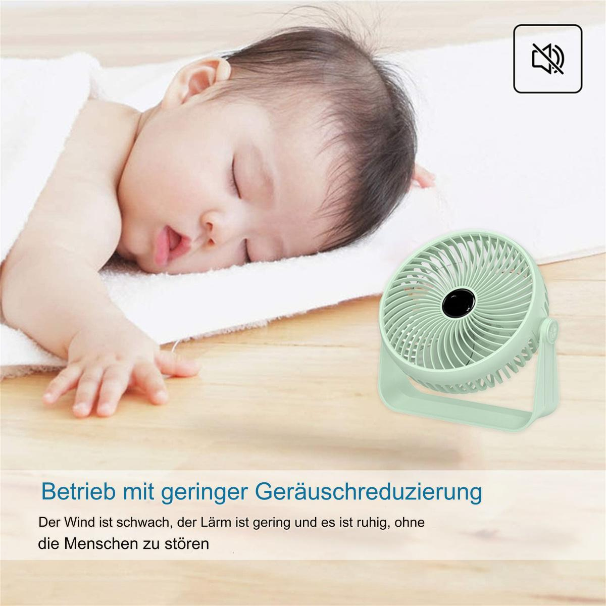 Ein Baby schläft neben einem mintgrünen Ventilator auf einer Holzoberfläche, mit Text über geräuscharmen Betrieb.