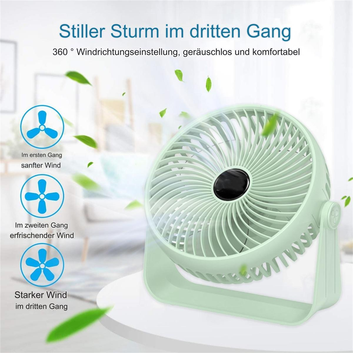 Grüner Tischventilator mit drei Lüfterstufen. Text auf Deutsch über Windeinstellungen und den Ventilator.