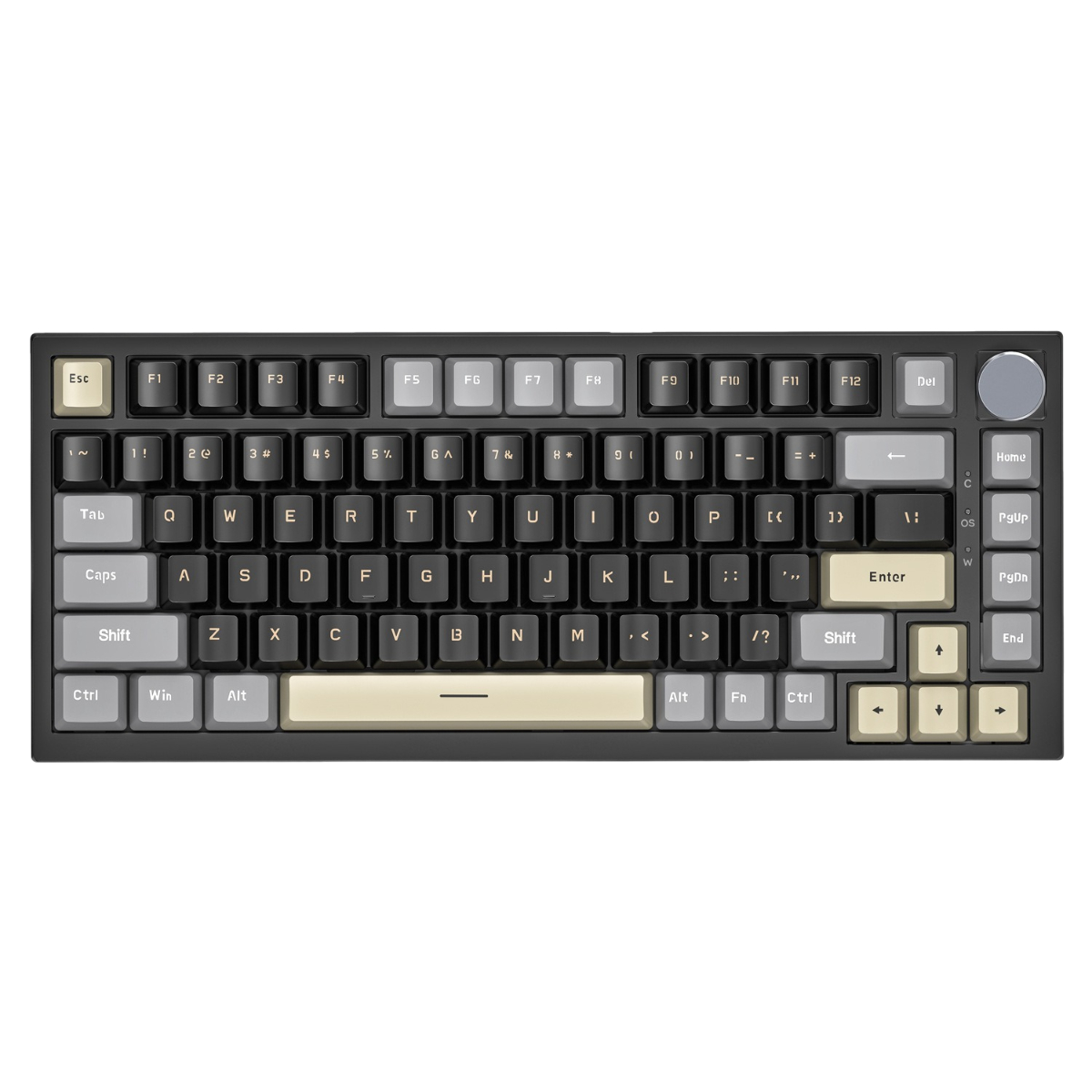 Schwarze und graue Tastatur mit mehreren Tasten, einschließlich Funktionstasten und einem Nummernblock, auf weißem Hintergrund.