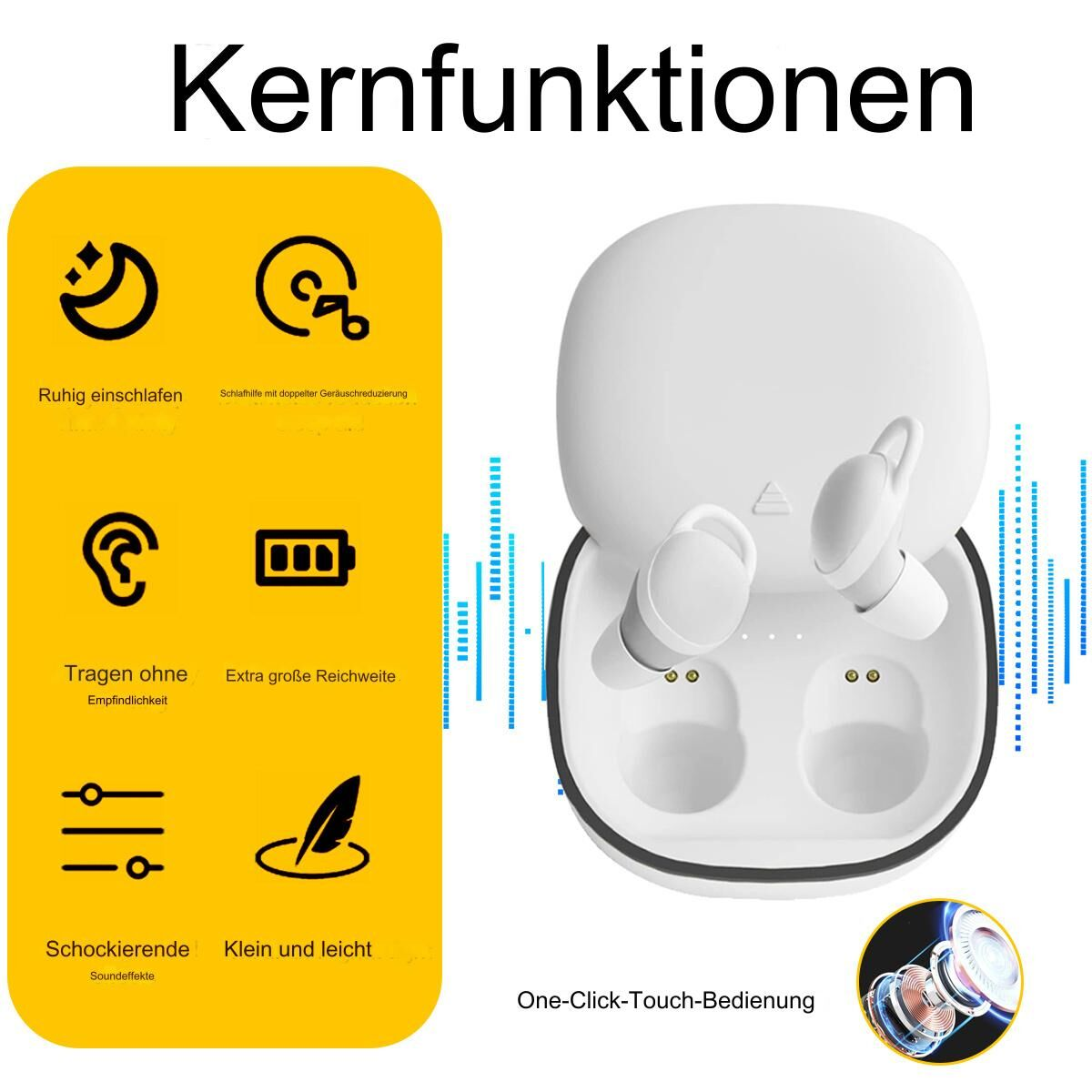 Weiße Ohrhörer in einem Ladecase mit Symbolen, die Funktionen auf gelbem Hintergrund zeigen.