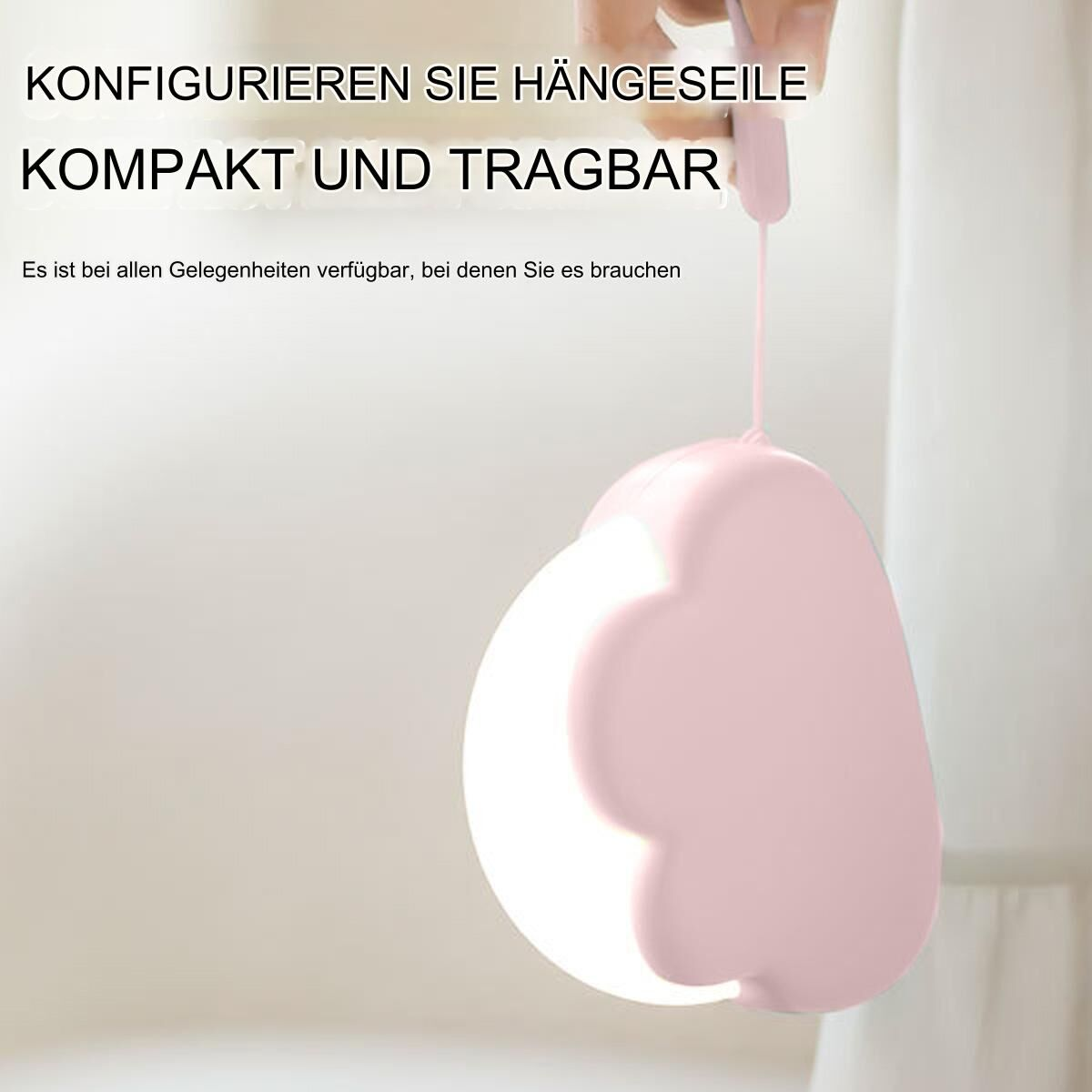 Eine rosa wolkenförmige Lampe, die an einer Schnur hängt. Text: Hängeseil konfigurieren, kompakt und tragbar.