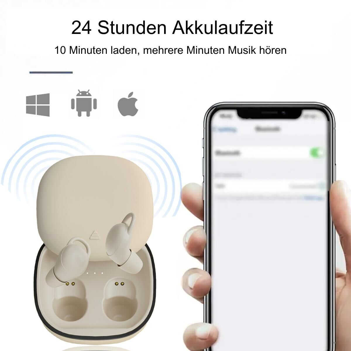 Ohrhörer in einer Ladehülle, mit einem Telefon, das eine Bluetooth-Verbindung anzeigt.