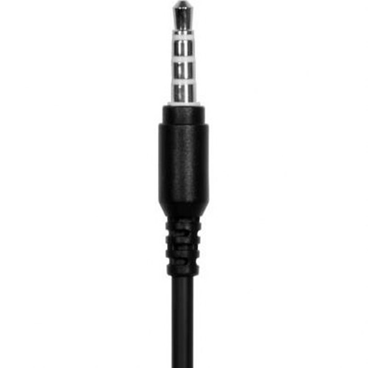 Un conector de auriculares negro sobre un fondo blanco.