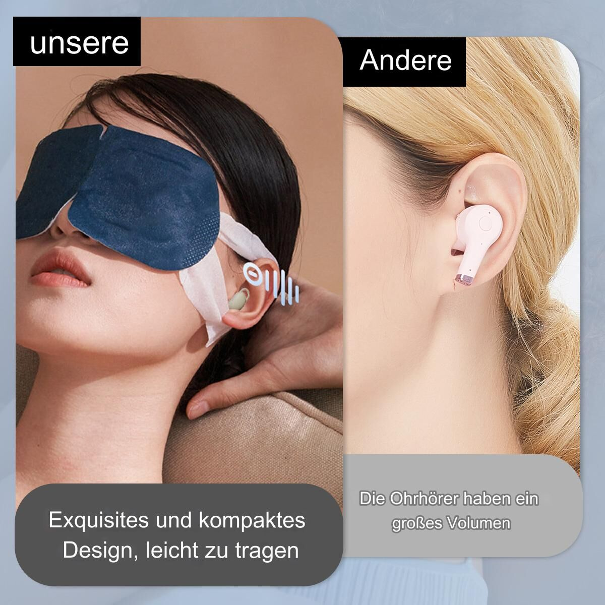 Frau mit Ohrstöpseln und Frau mit Ohrhörern. Text sagt: 'Exquisites und kompaktes Design, leicht zu tragen'.