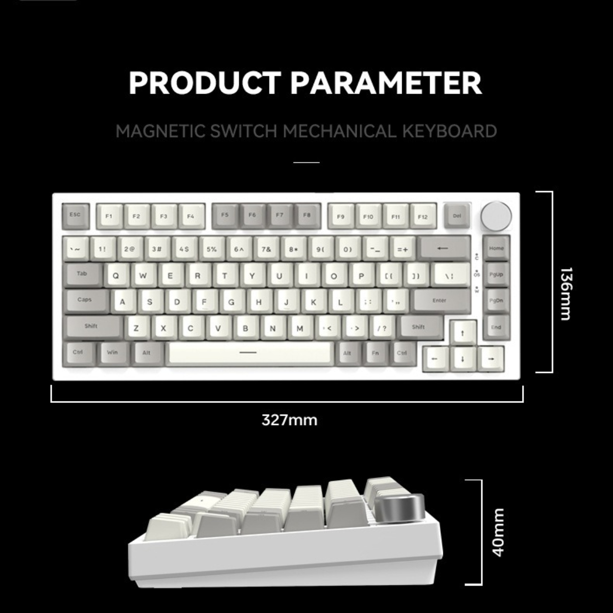 Weiße Tastatur mit grauen Tasten, Abmessungen beschriftet, schwarzer Hintergrund.
